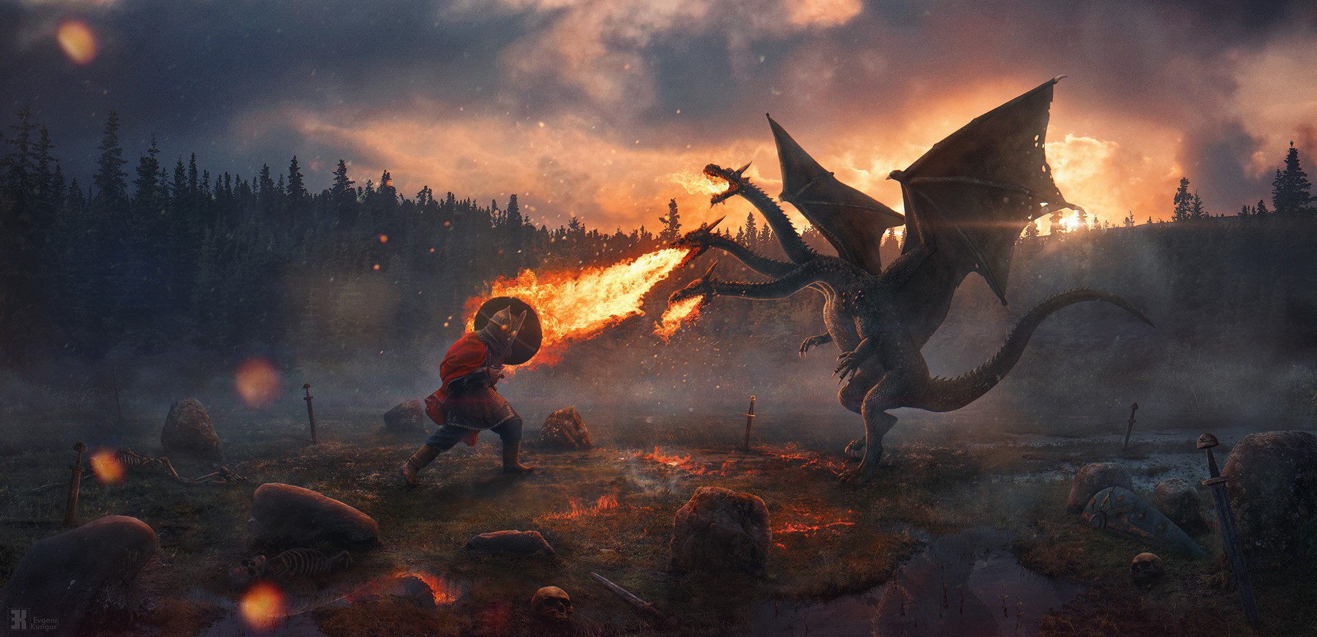 Knight battles a three-headed dragon with fire breath HD Wallpaper