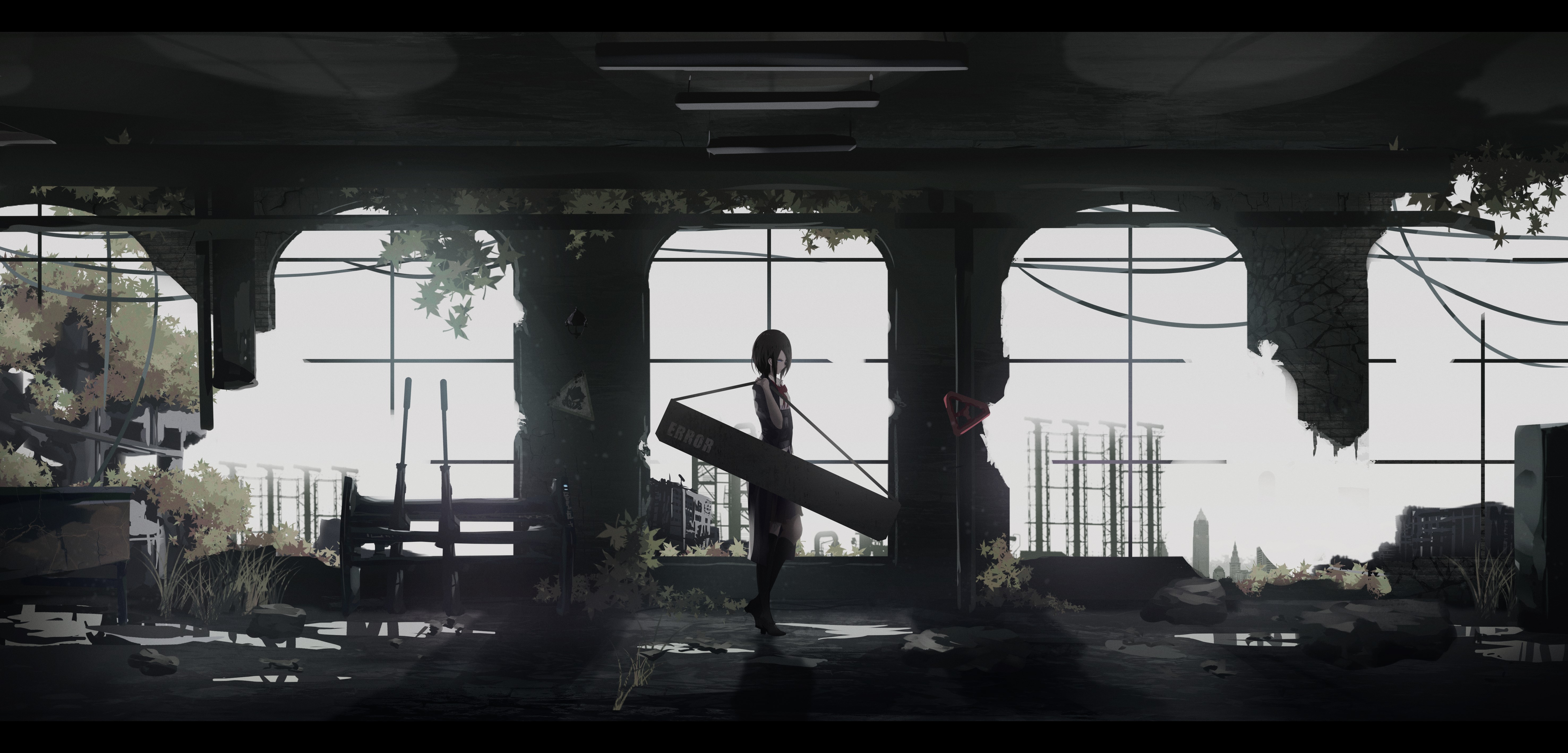 Anime girl carrying a sign in a ruined building HD Wallpaper