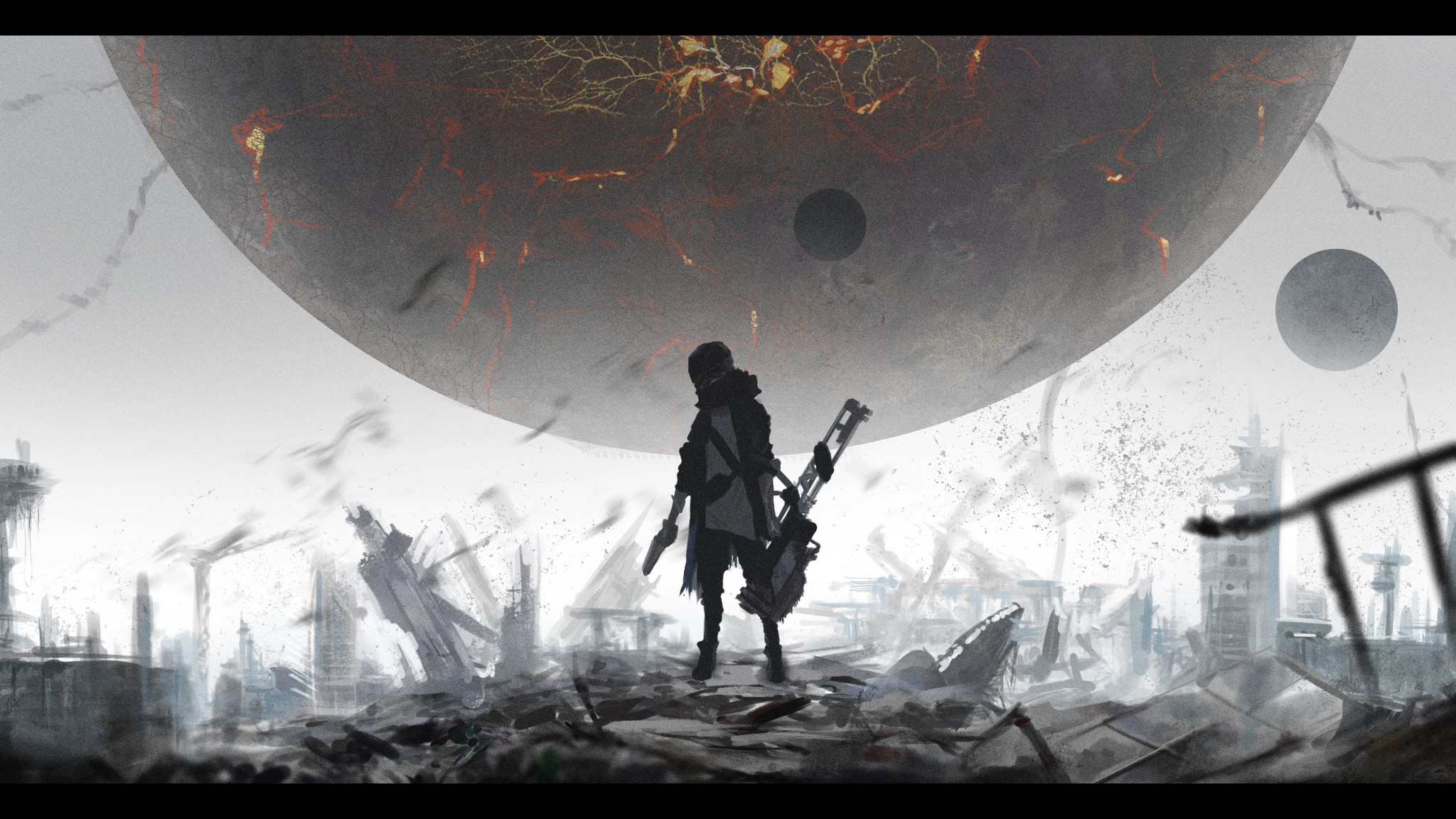 Anime artwork of a person in ruins with planets in the sky HD Wallpaper