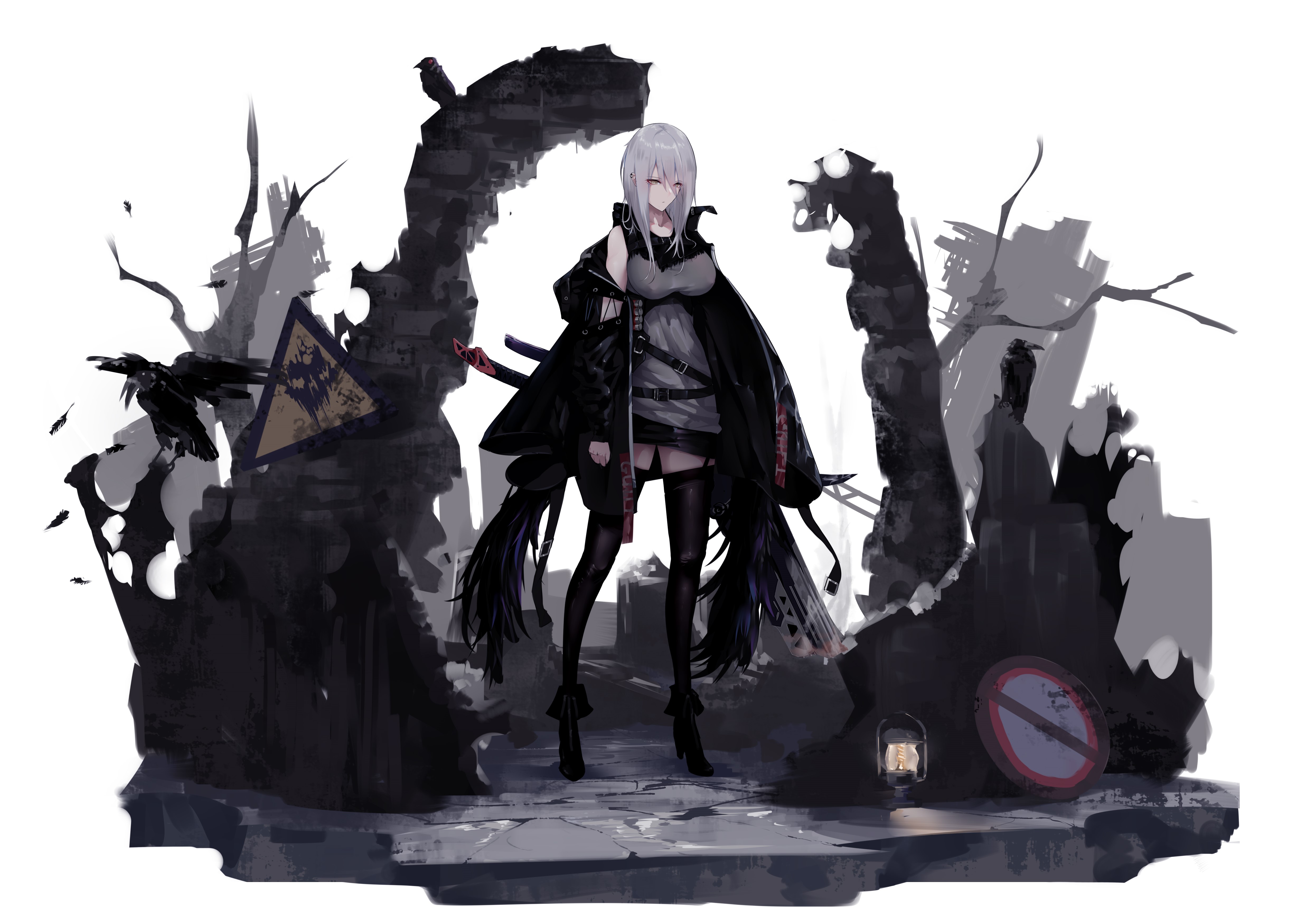 Anime girl with sword and crows in ruined city HD Wallpaper