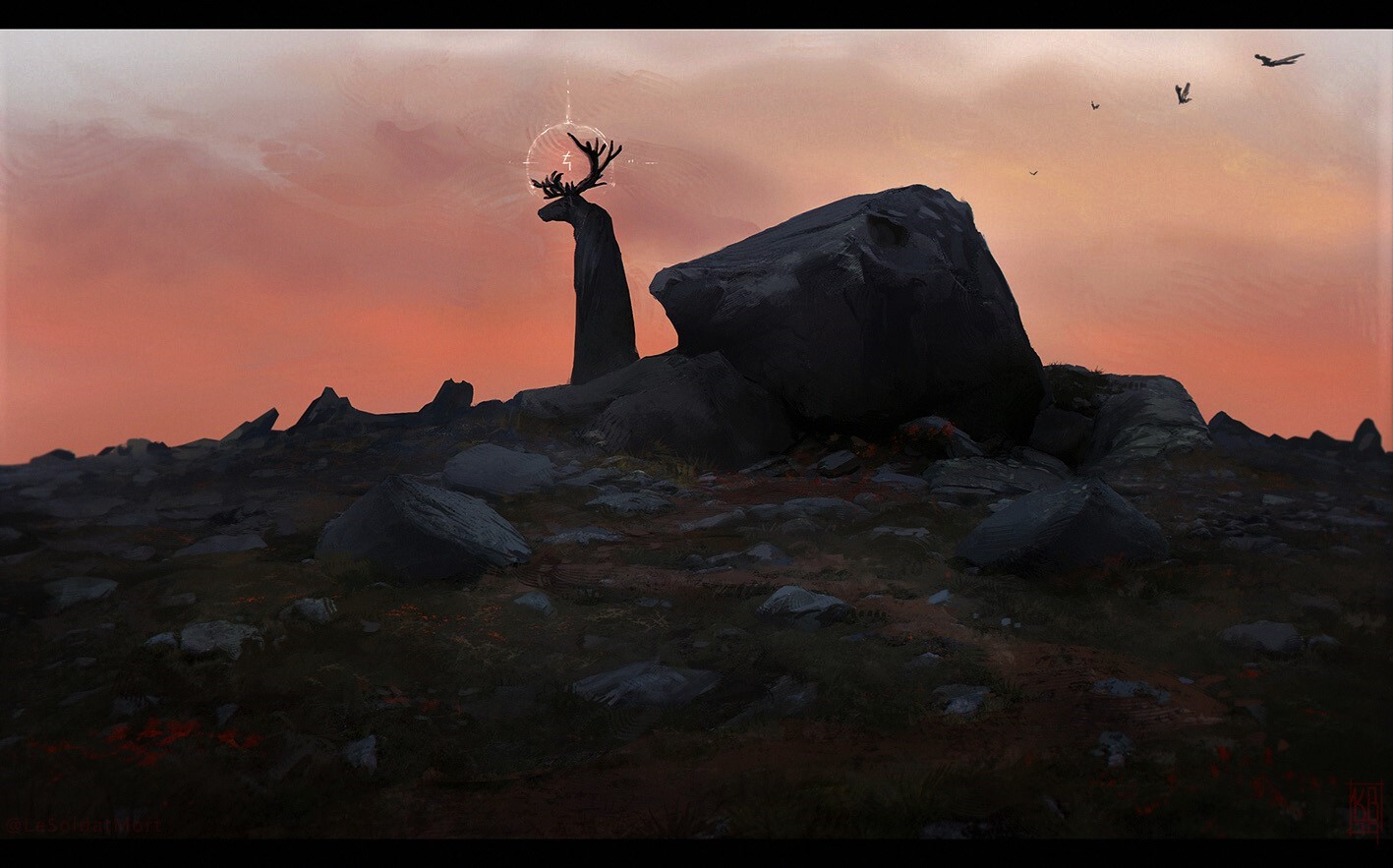 Digital painting of a deer with glowing antlers on a rocky hill HD Wallpaper