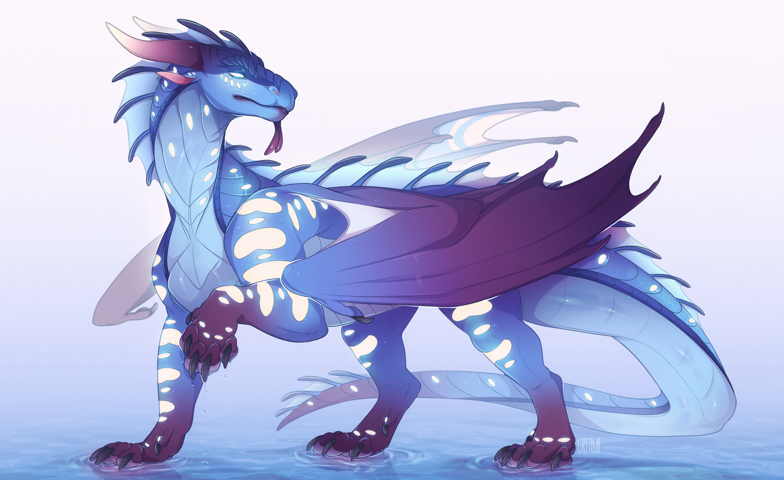 Blue dragon with purple wings standing in water HD Wallpaper