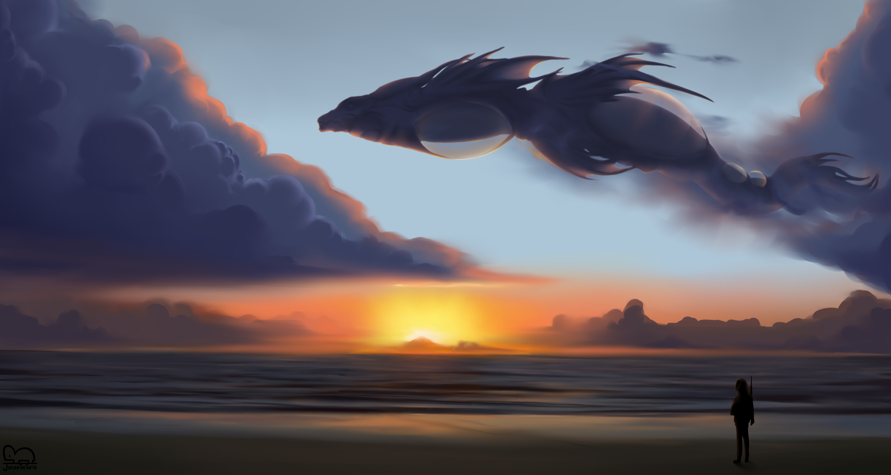 Fantasy creature flying over the sea at sunset HD Wallpaper