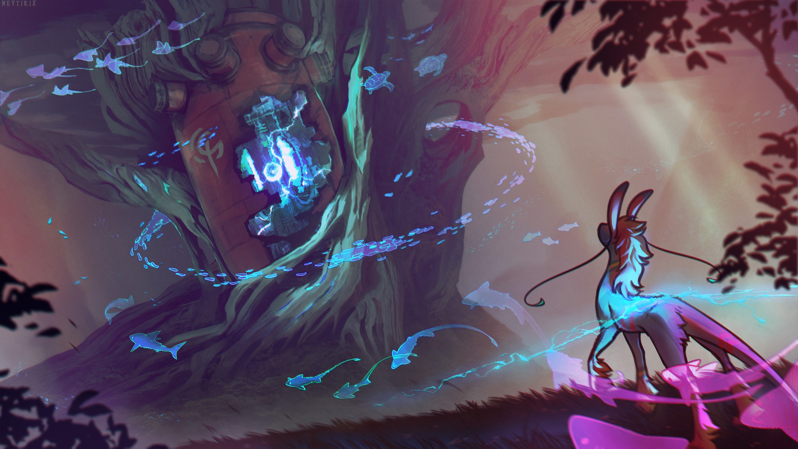 Creature interacting with magical tree HD Wallpaper