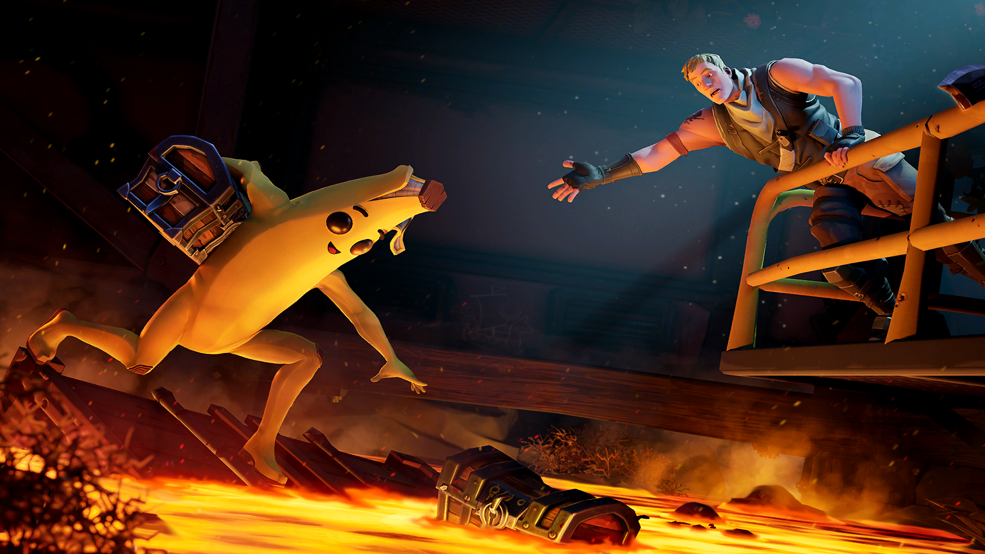 Fortnite Peely reaching for Jonesy over lava HD Wallpaper
