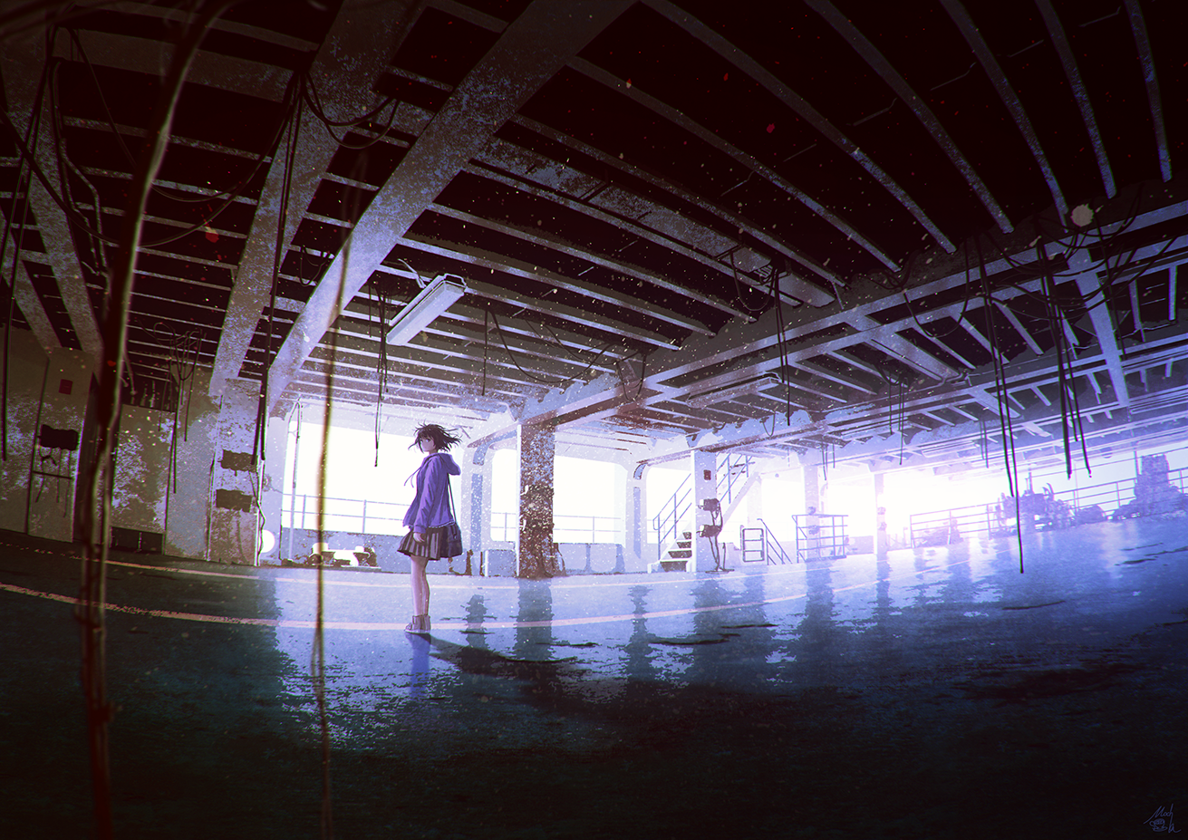 Anime girl in purple hoodie in abandoned building HD Wallpaper