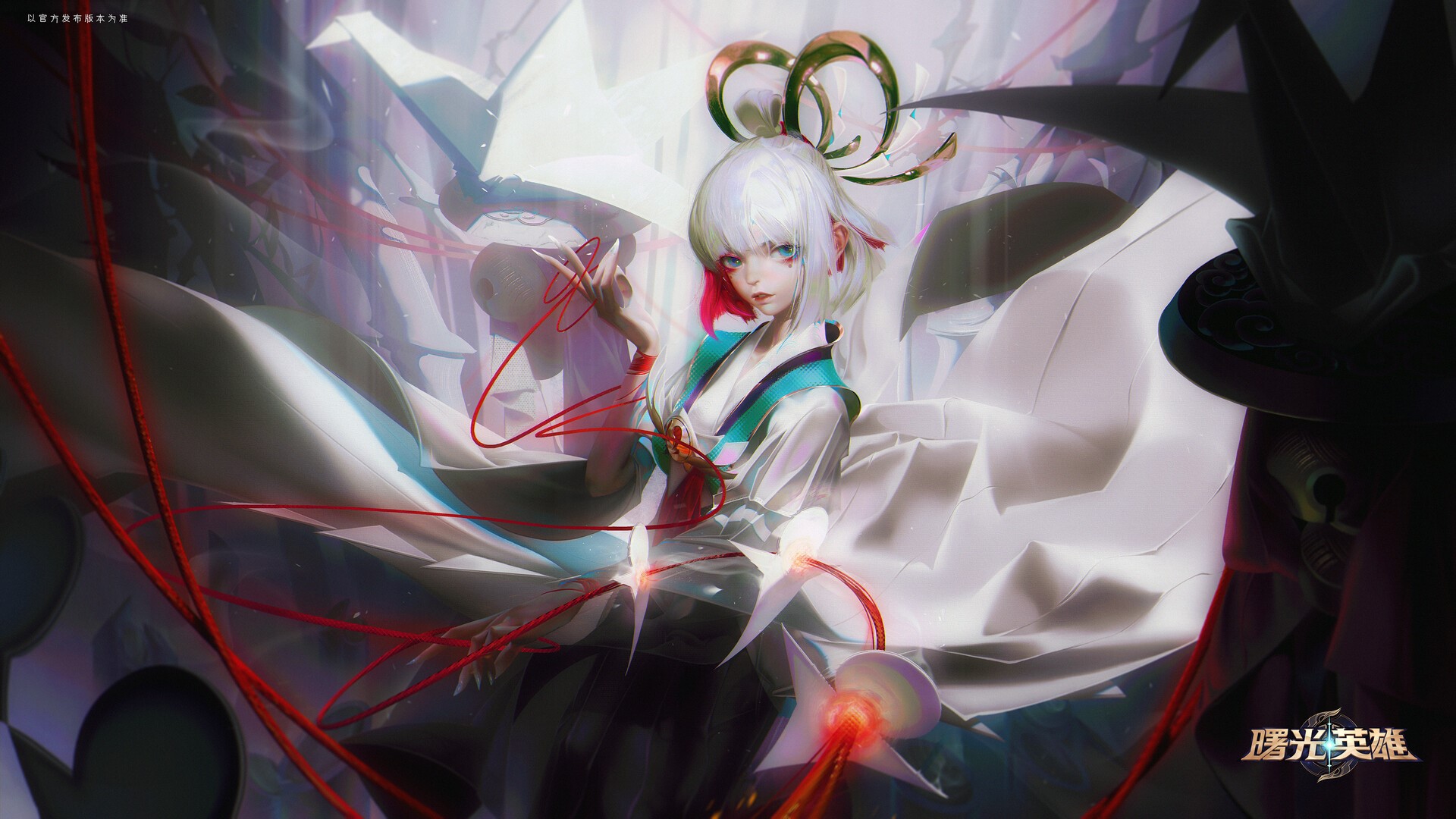 Fantasy art of a woman with white hair and red strings HD Wallpaper