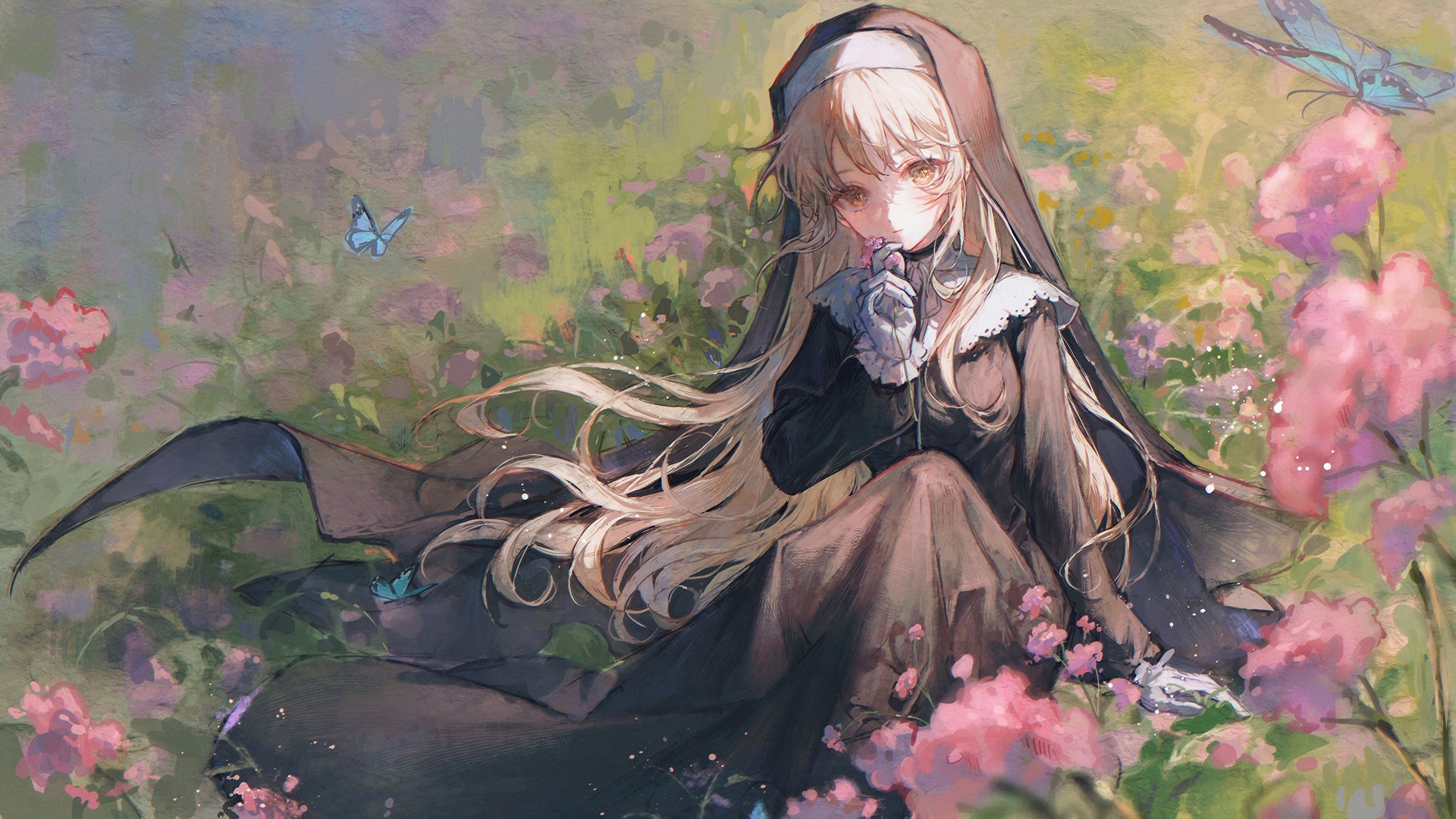 Sister Cleaire from Nijisanji with blonde hair and butterflies HD Wallpaper