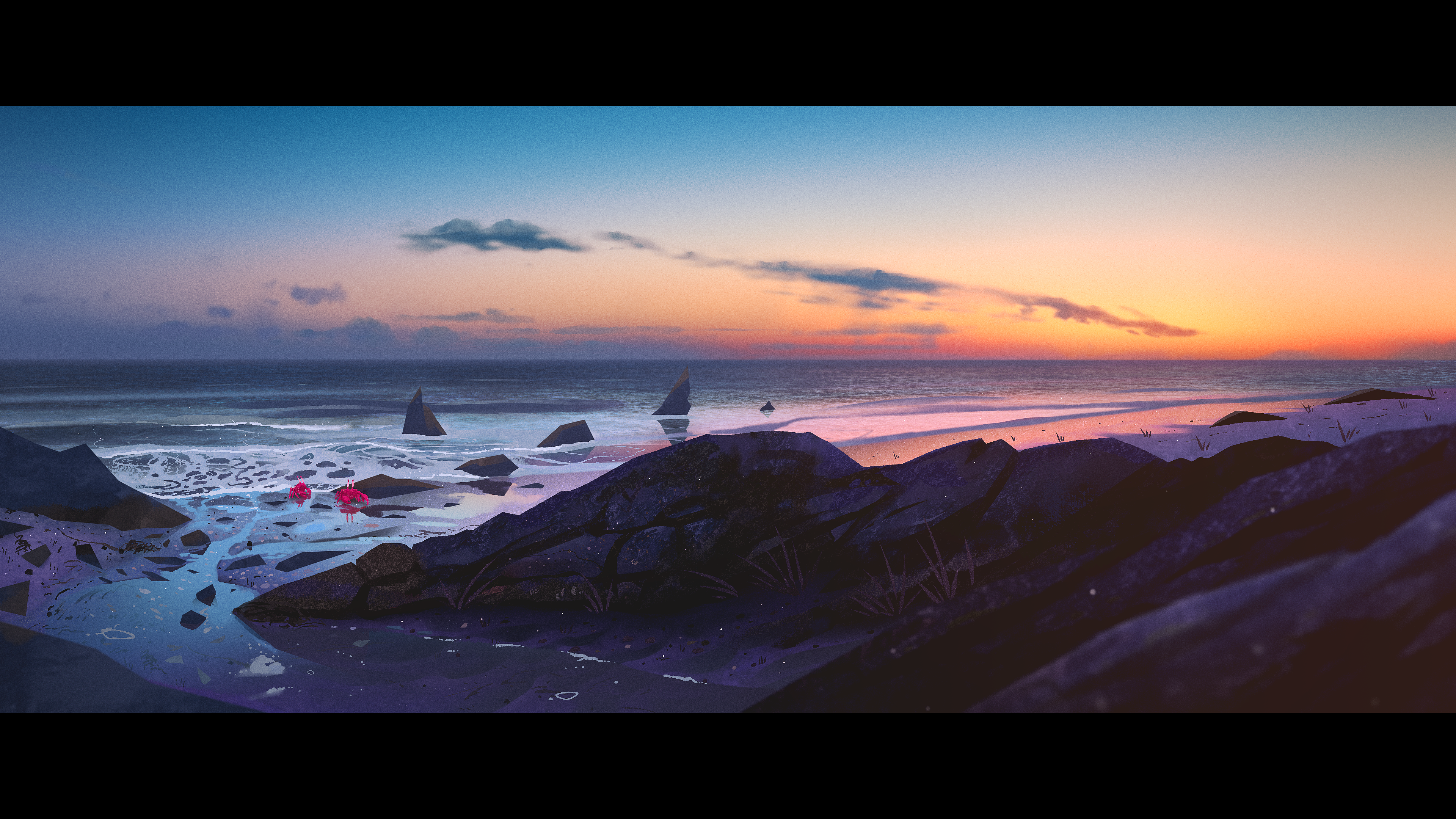 Artwork of a sunset over a rocky beach with crabs HD Wallpaper