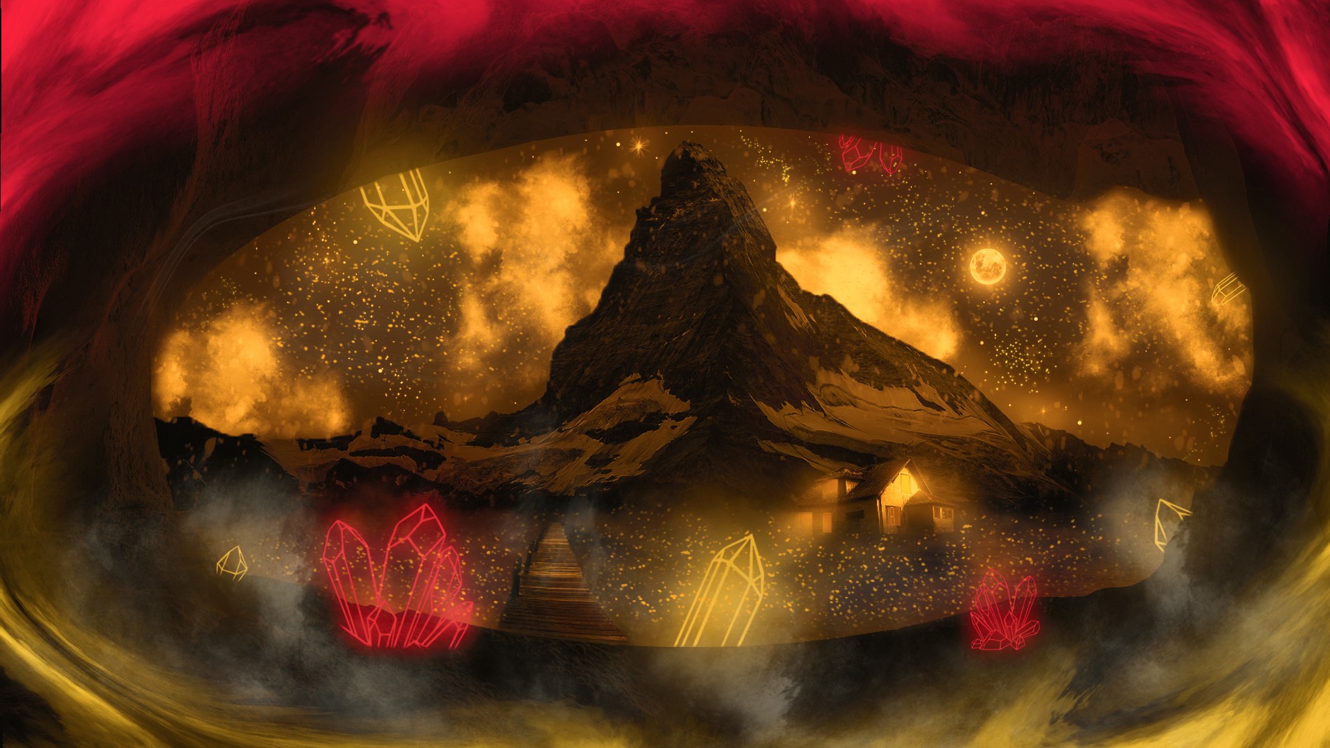 Fantasy mountain landscape with neon crystals HD Wallpaper