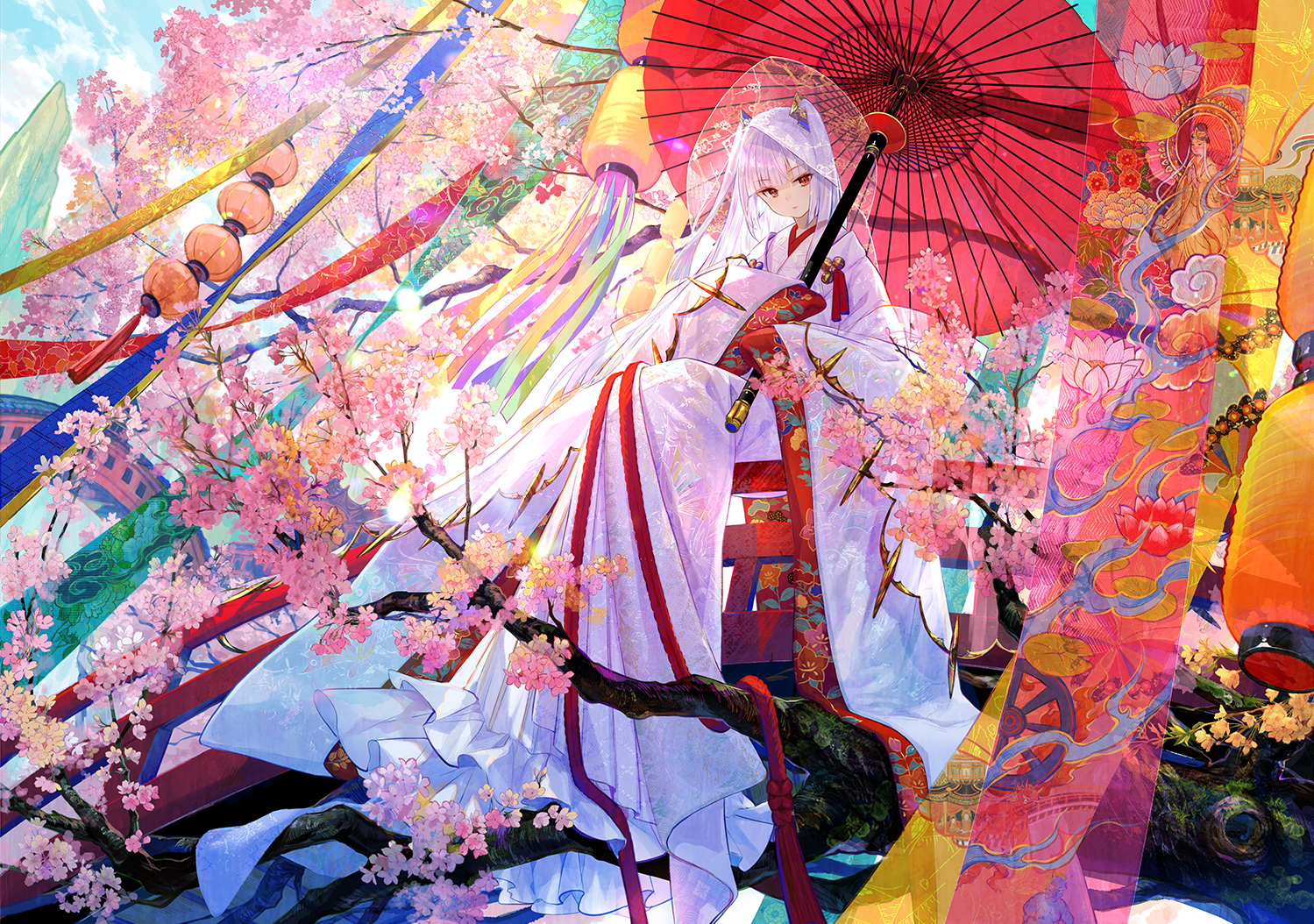Anime girl with silver hair and red eyes holding an umbrella HD Wallpaper