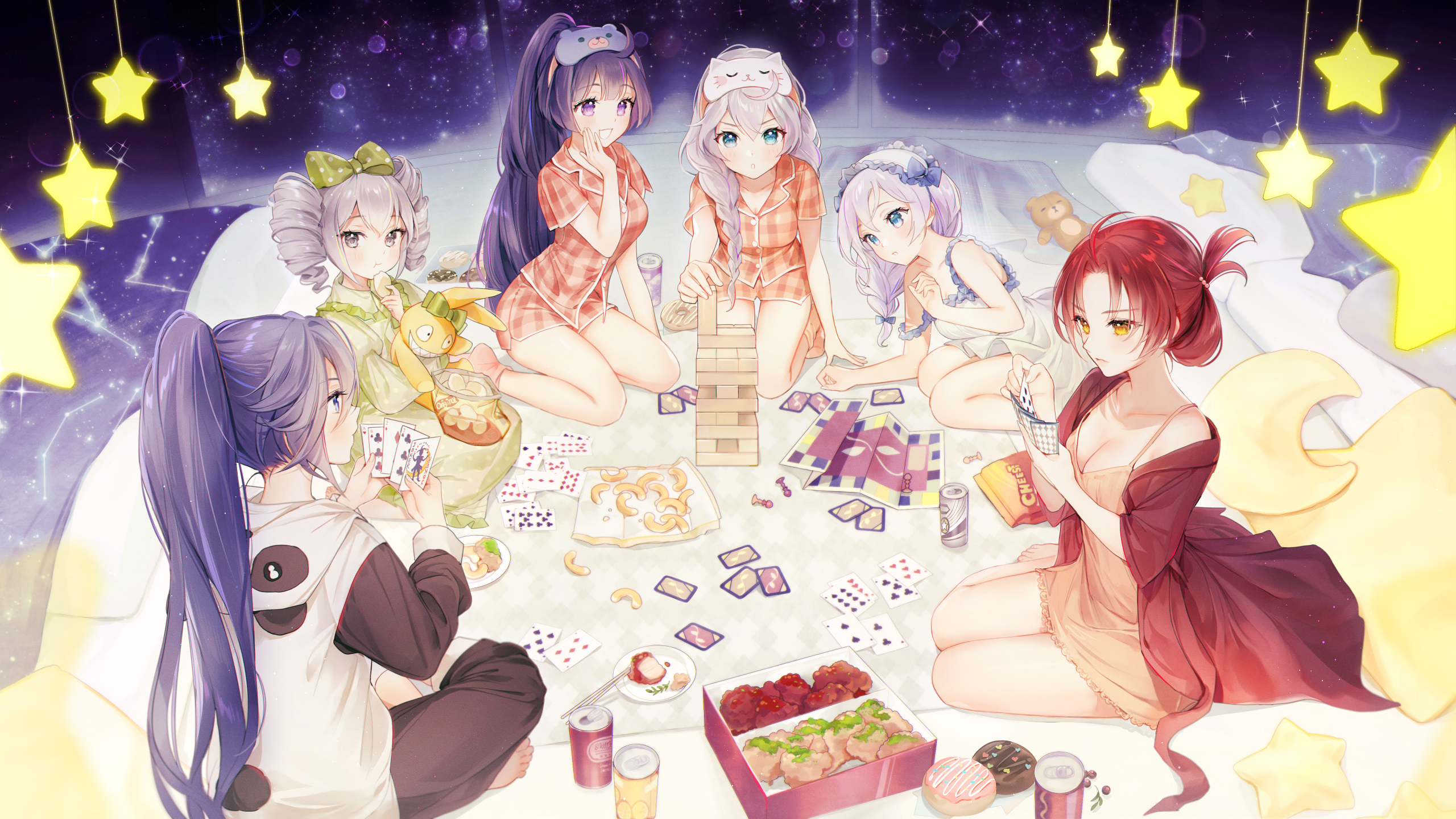 Anime girls playing cards and Jenga in pajamas HD Wallpaper