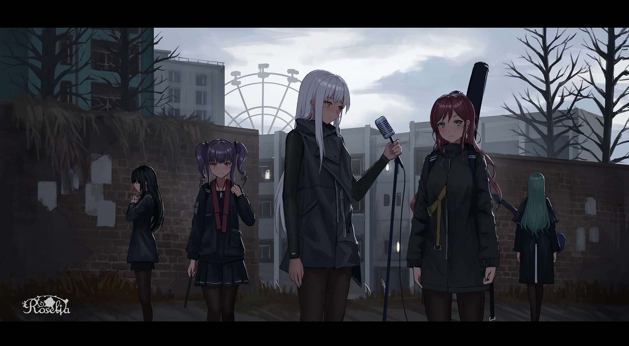 Five anime girls from BanG Dream! in an urban setting HD Wallpaper