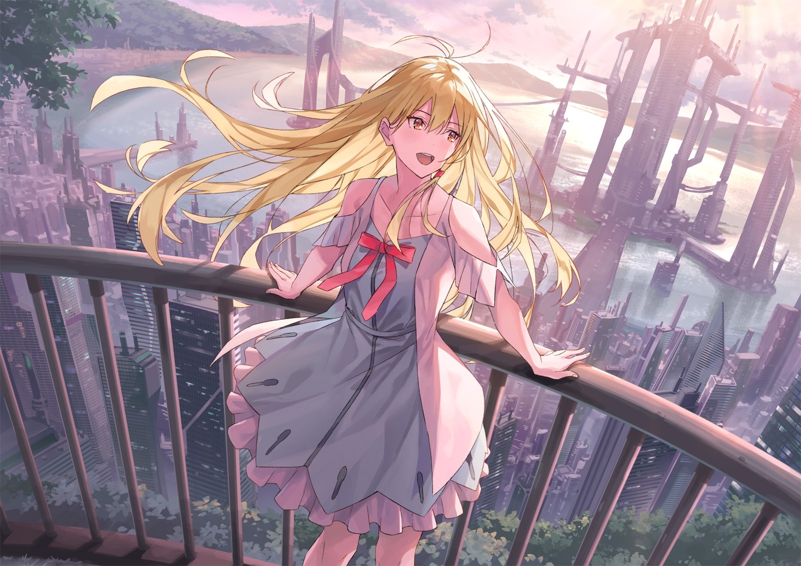 Anime girl with blonde hair overlooking a futuristic cityscape HD Wallpaper