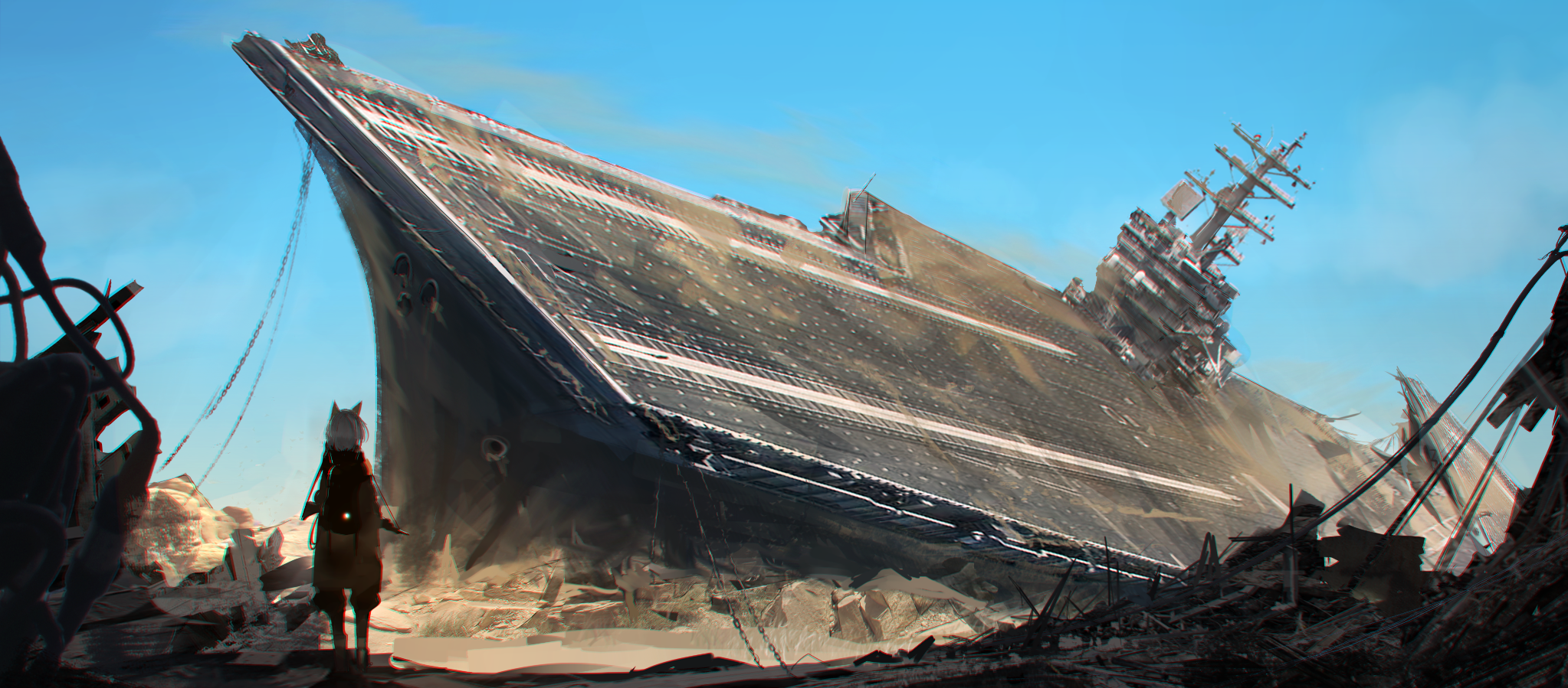 Anime girl standing before a wrecked aircraft carrier HD Wallpaper