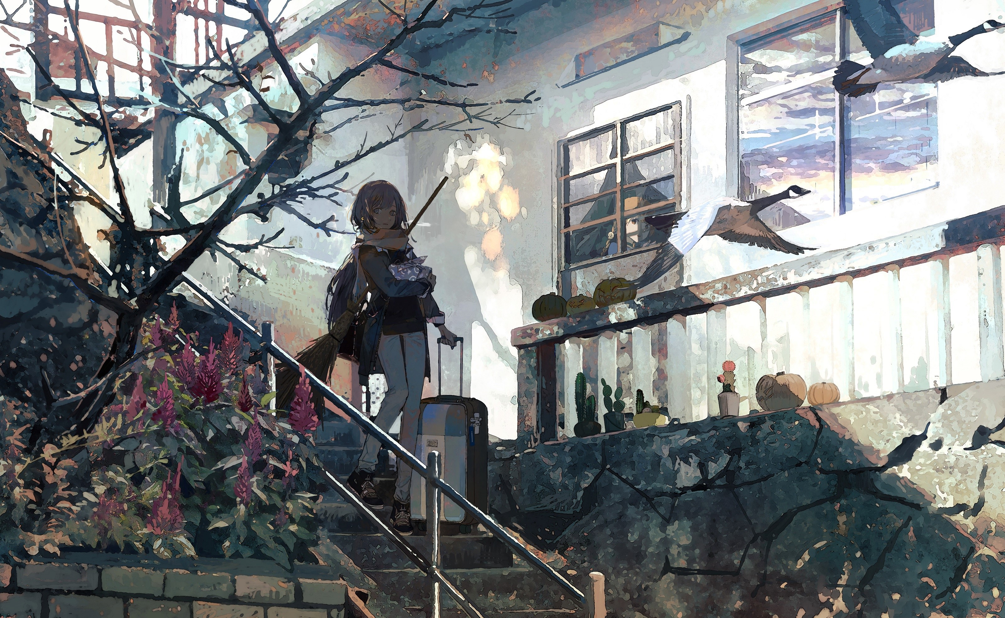 Anime girl with suitcase and broom on stairs with geese flying HD Wallpaper