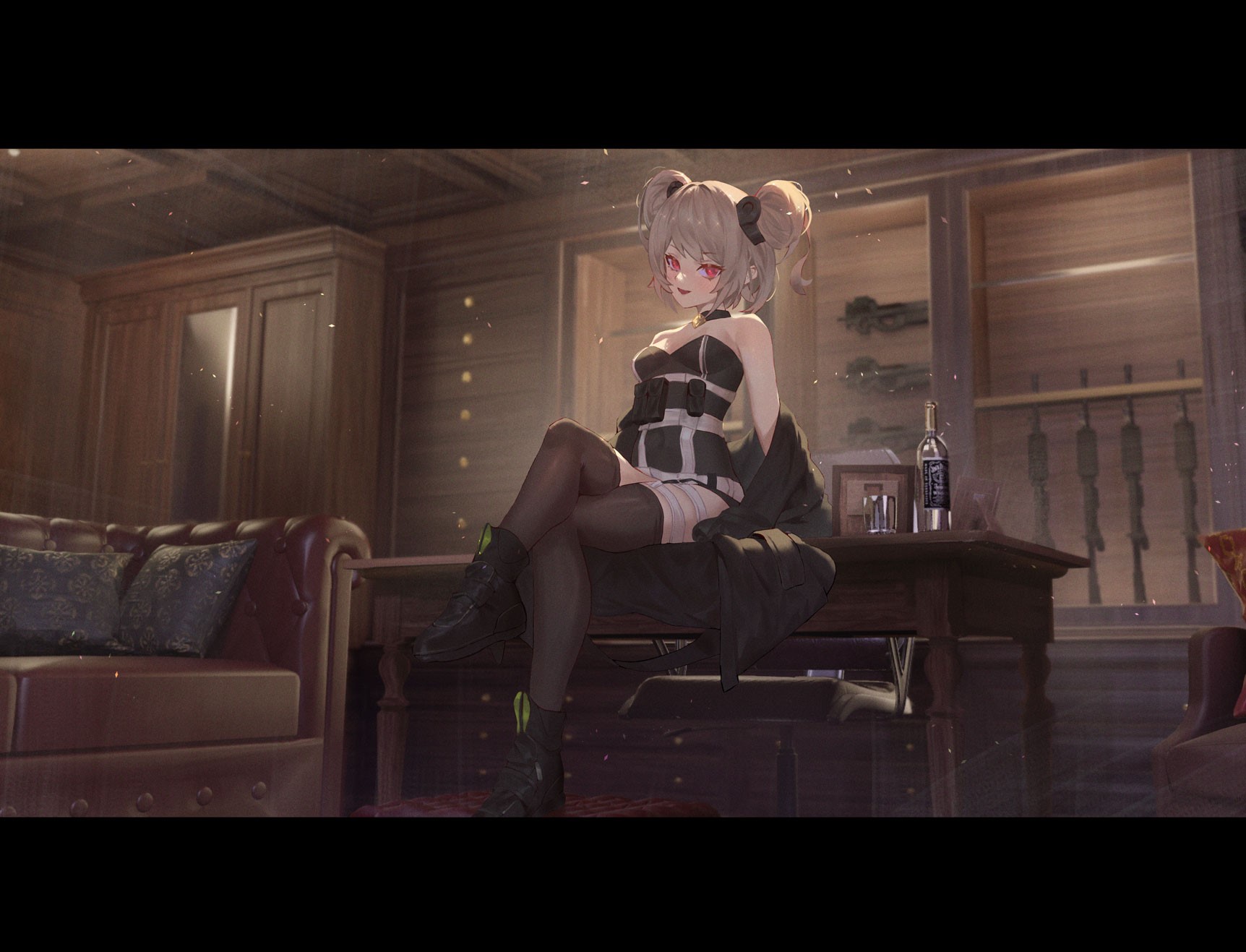 P90 from Girls Frontline sitting at a desk HD Wallpaper