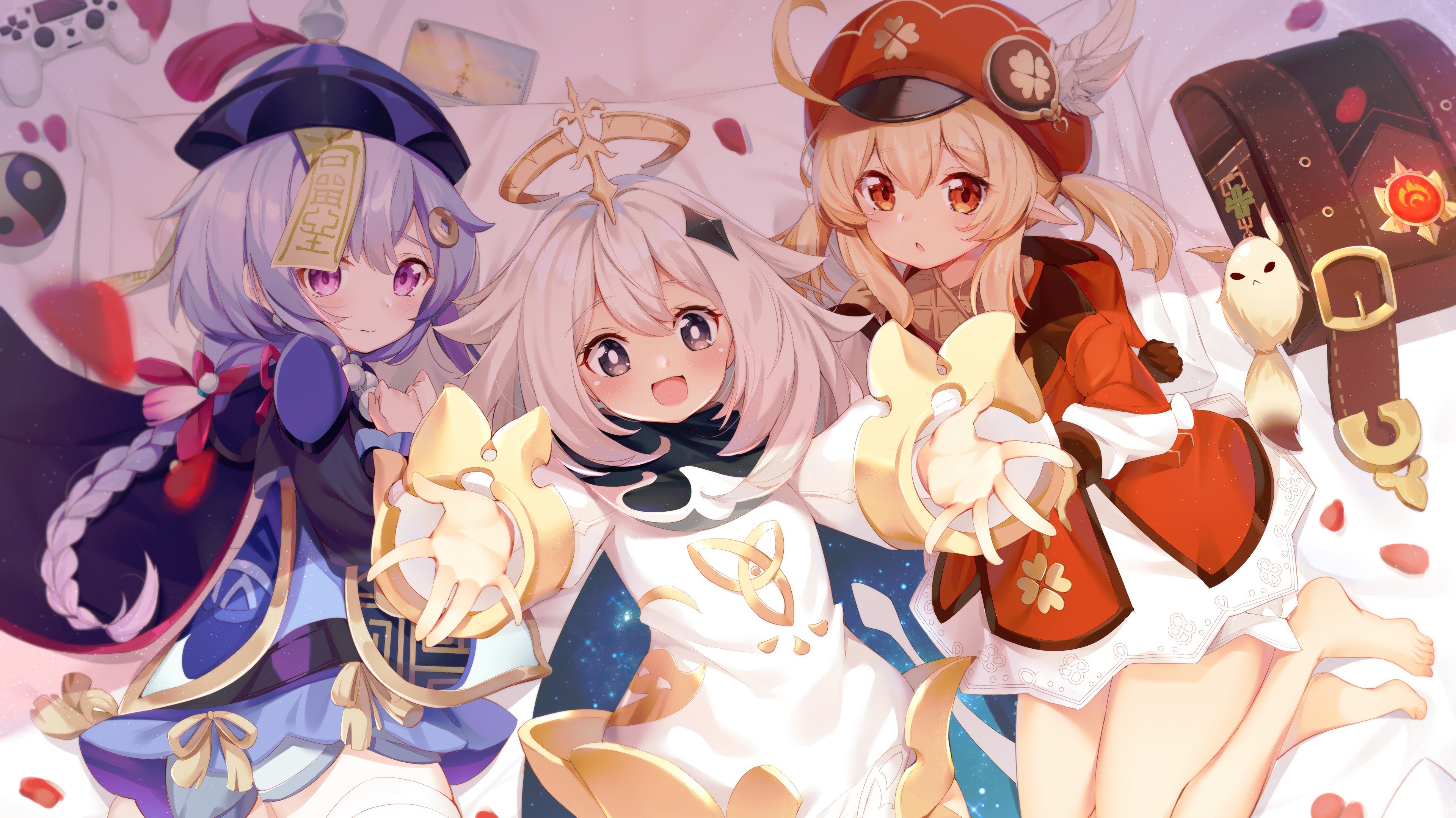 4K Genshin Impact: Qiqi, Paimon, and Klee in bed HD Wallpaper