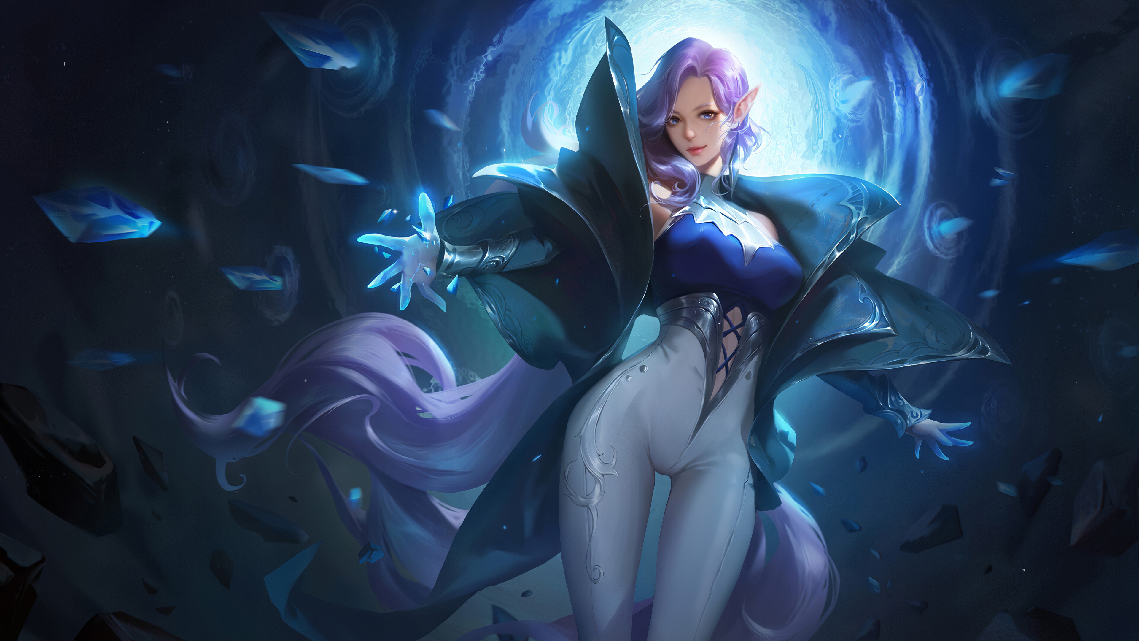 Fantasy elf magician with purple hair and blue crystals HD Wallpaper