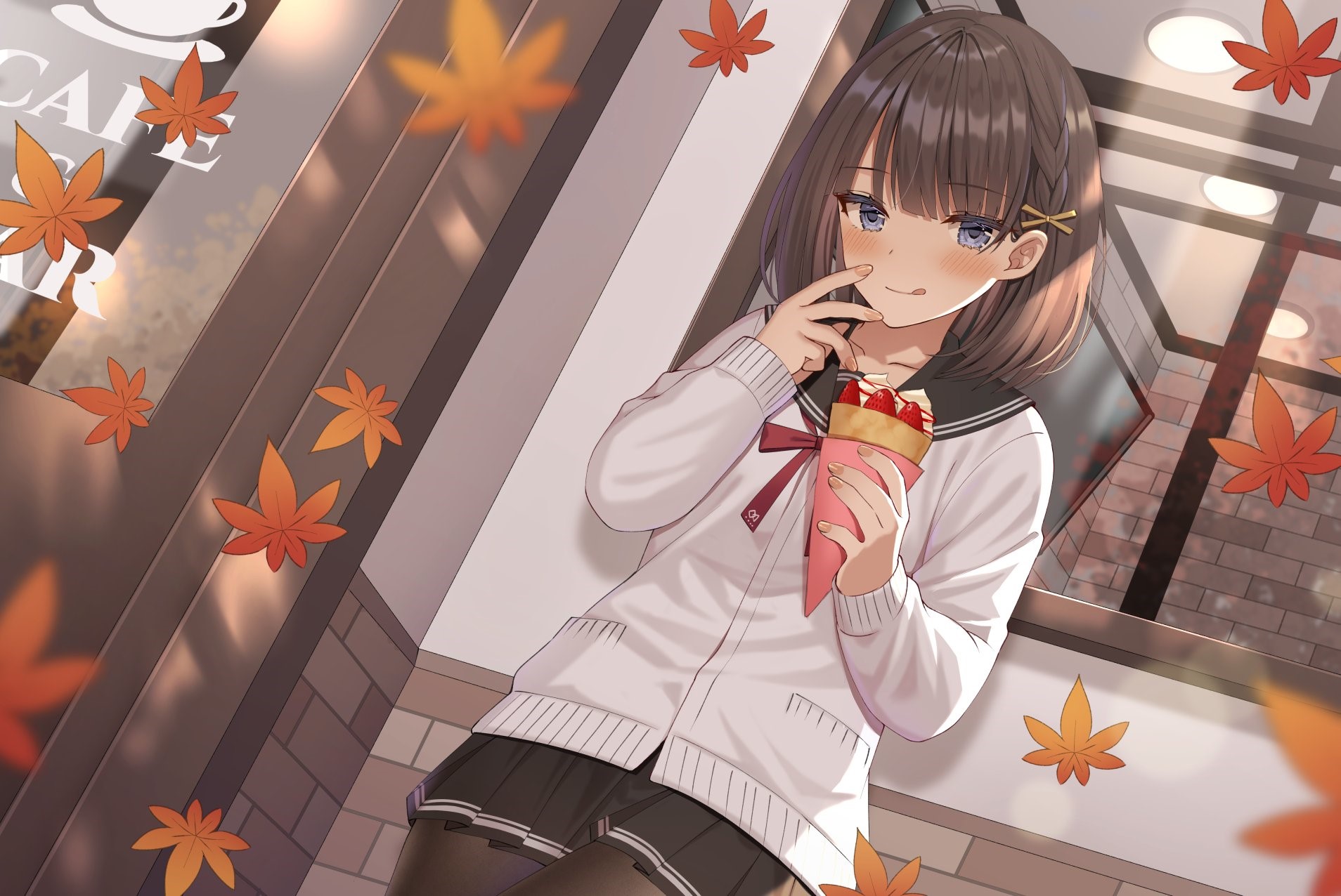 Izumo Neru eating a crepe in fall HD Wallpaper