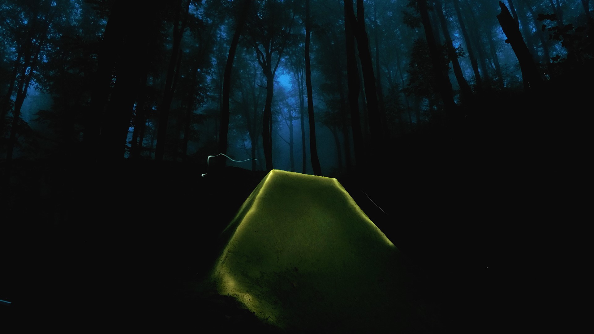 Tent glowing in a misty forest at dusk HD Wallpaper