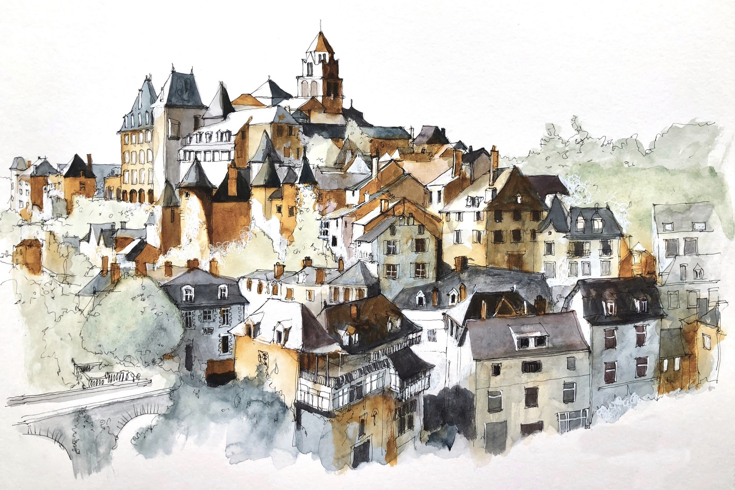 Watercolor painting of a French town with a castle HD Wallpaper