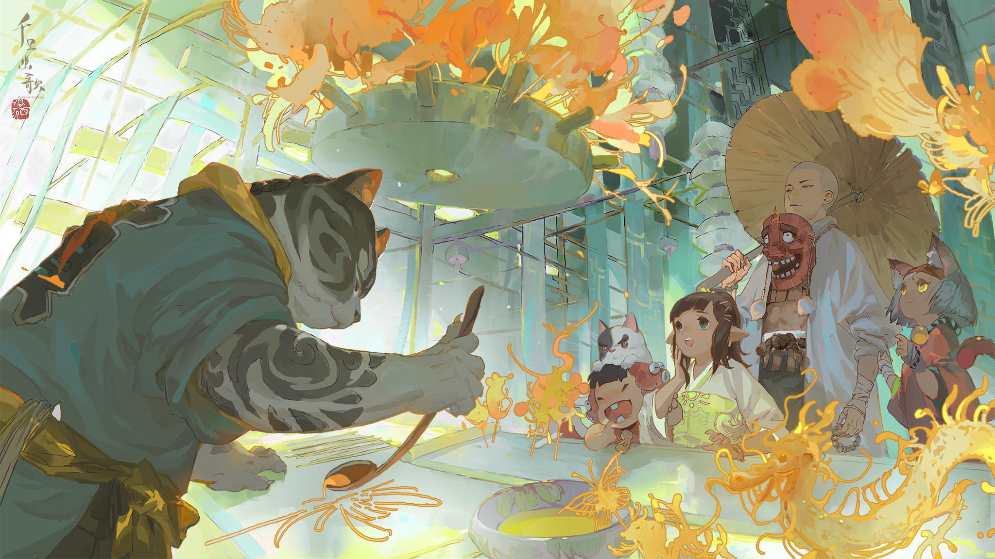 Cat chef and friends in a fantastical setting HD Wallpaper