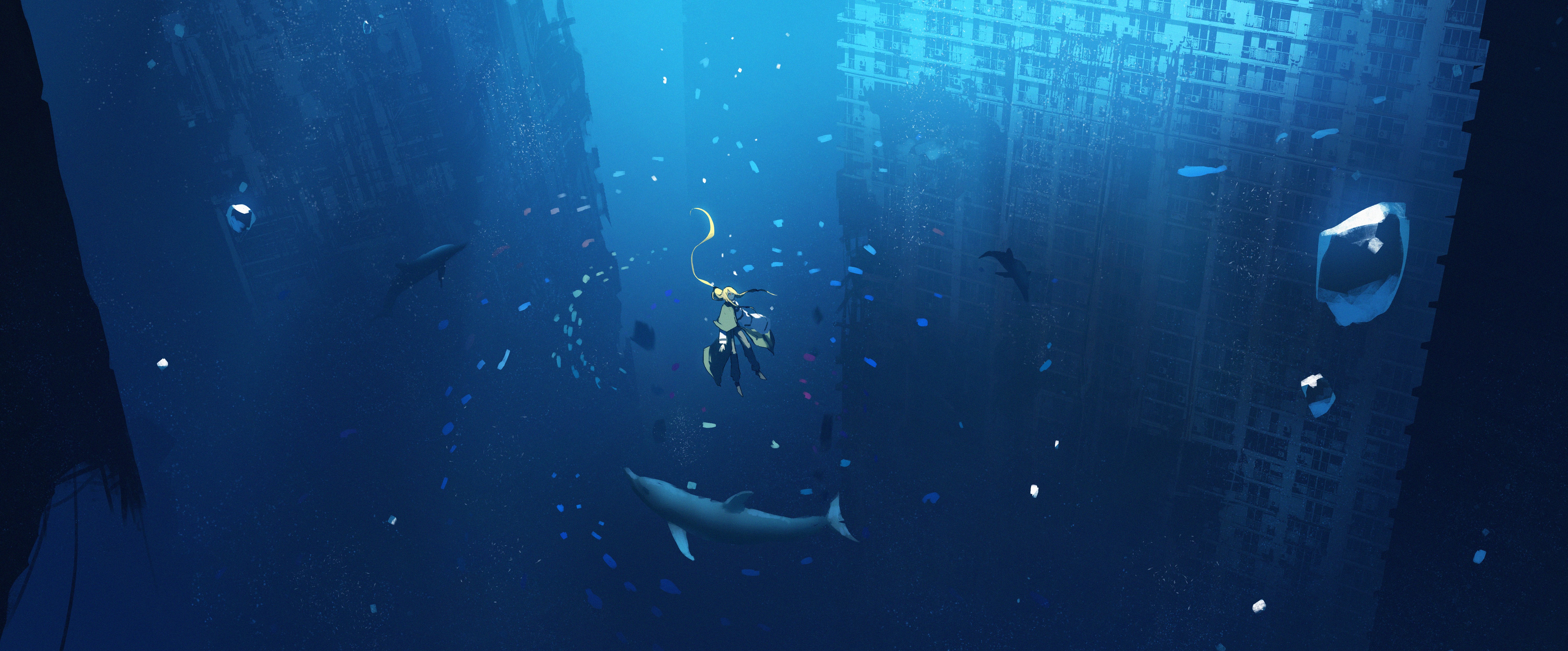 Anime girl and dolphins underwater HD Wallpaper