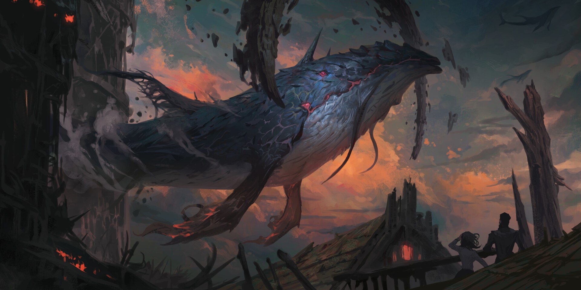 Fantasy art of a giant whale creature flying HD Wallpaper