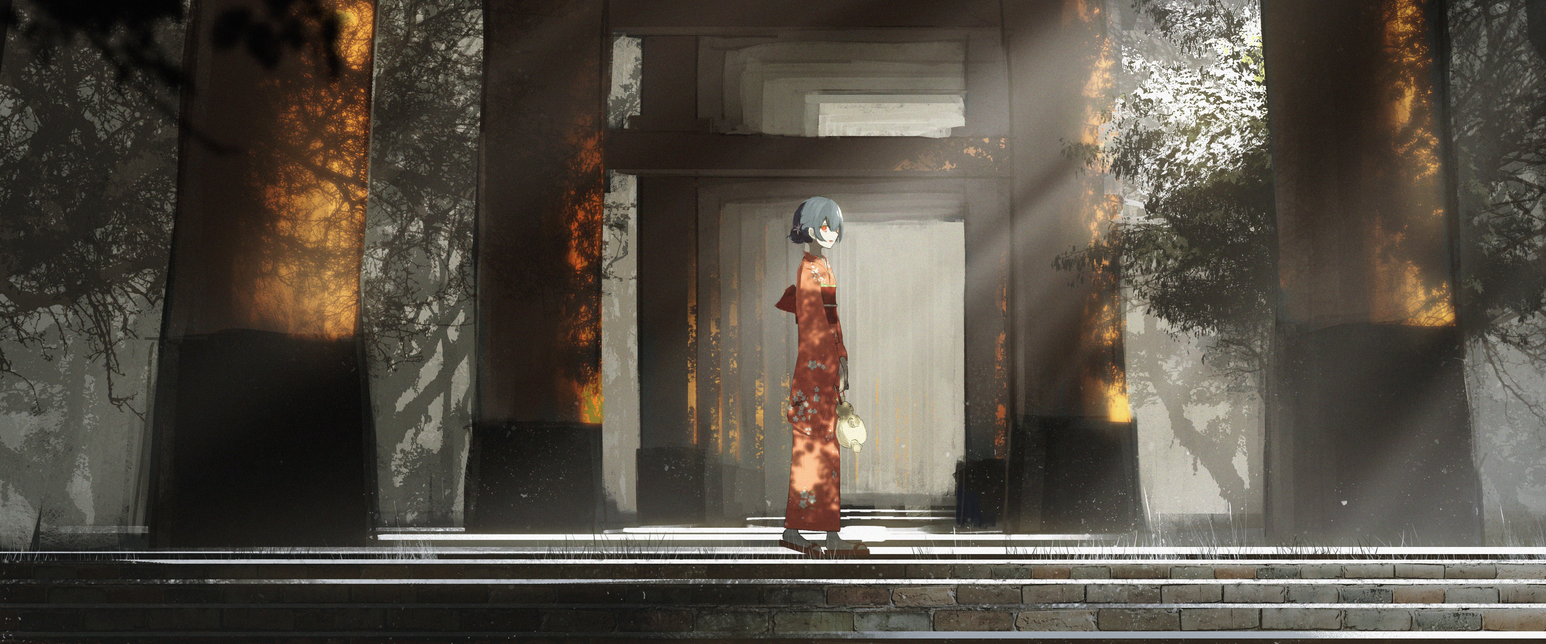 Anime girl in kimono at Torii gate HD Wallpaper