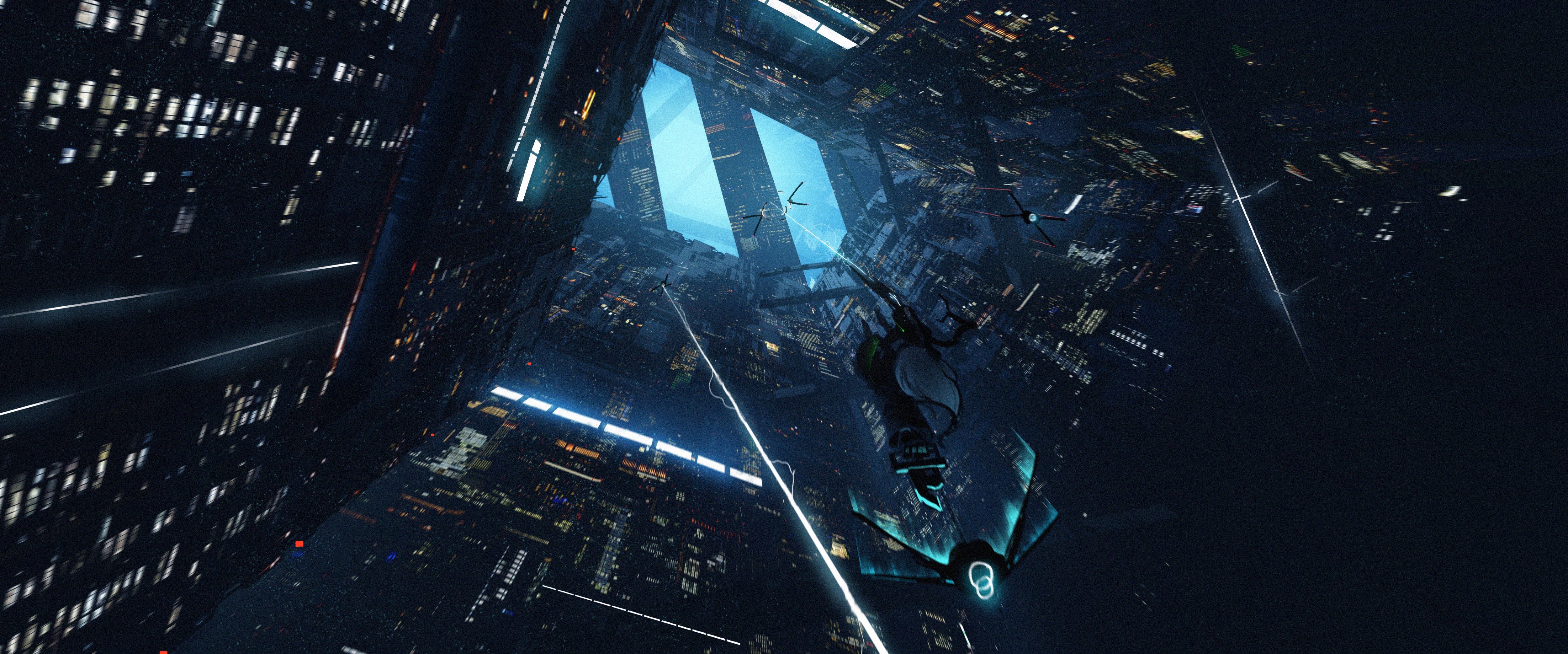 Cyberpunk city with a spaceship HD Wallpaper