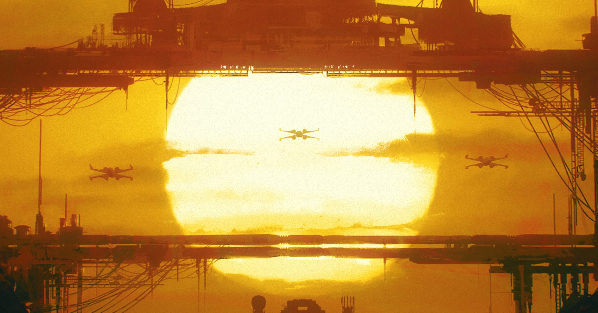 X-wings flying in front of a large sun over a futuristic city HD Wallpaper