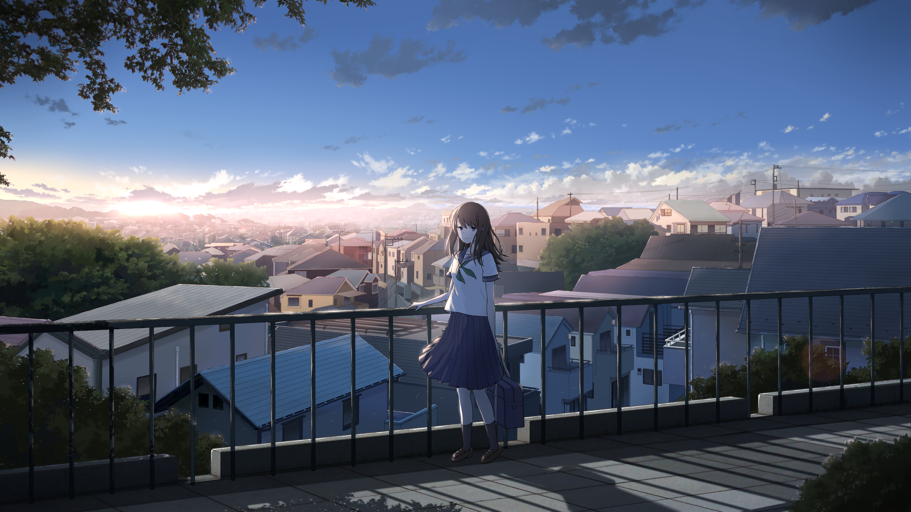 Anime girl in school uniform overlooking a cityscape at sunrise HD Wallpaper