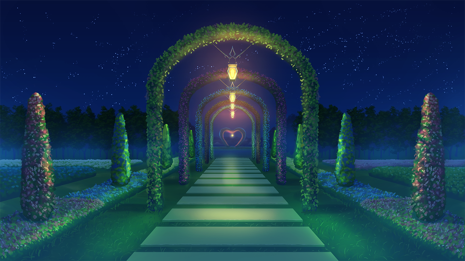 Night garden with illuminated arches and heart. HD Wallpaper