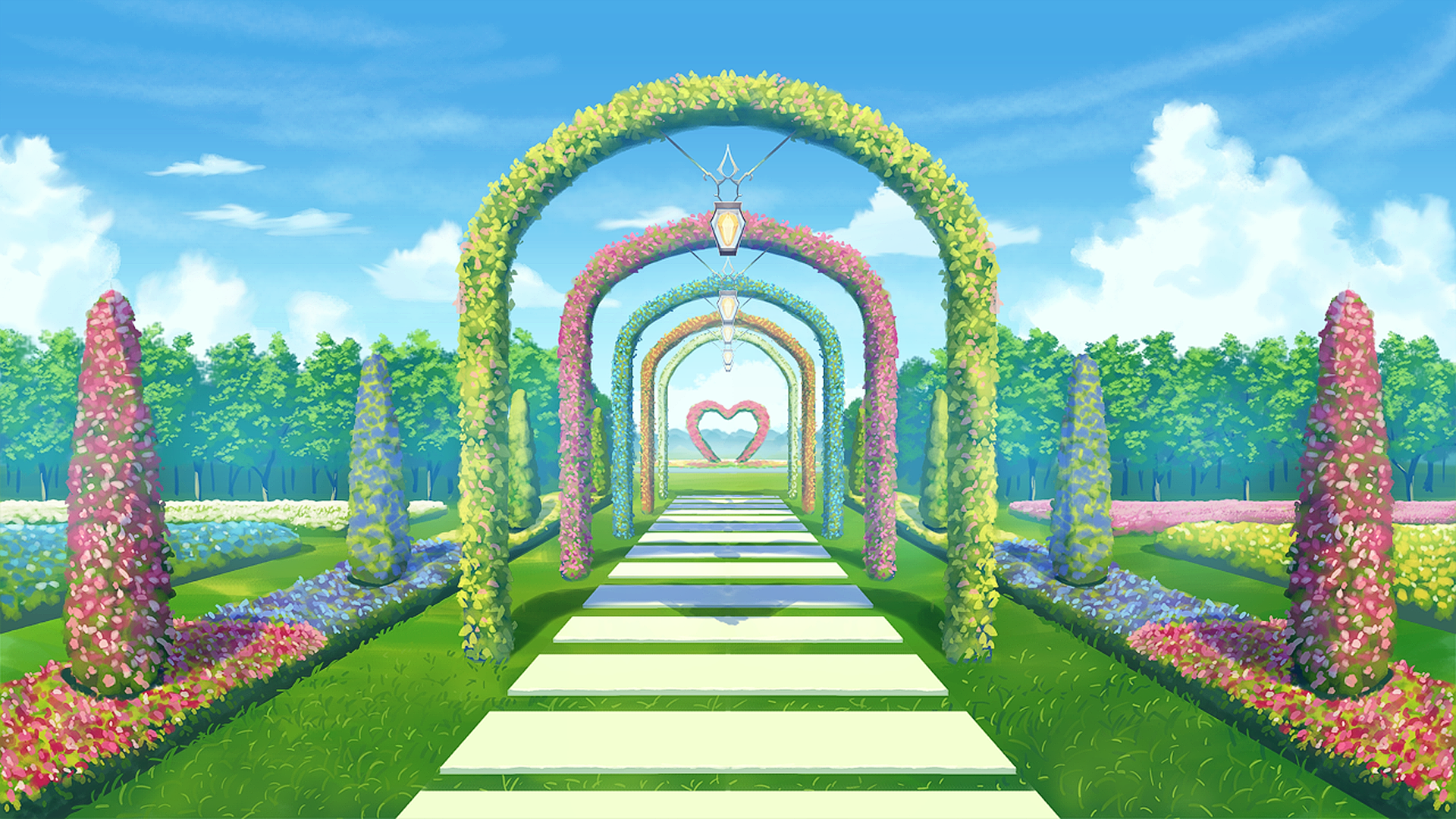 A beautiful garden with flower arches and a heart sculpture HD Wallpaper