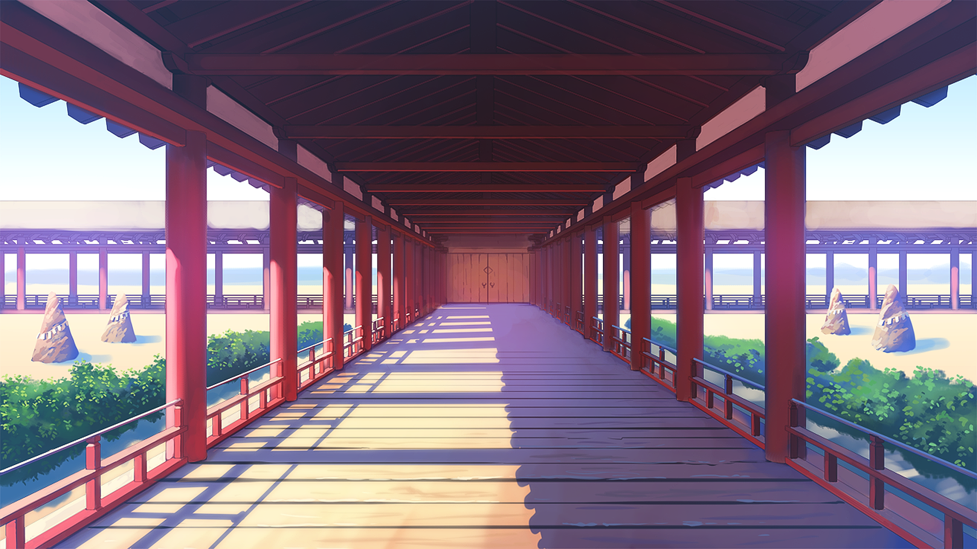 Anime temple corridor with garden and rocks HD Wallpaper