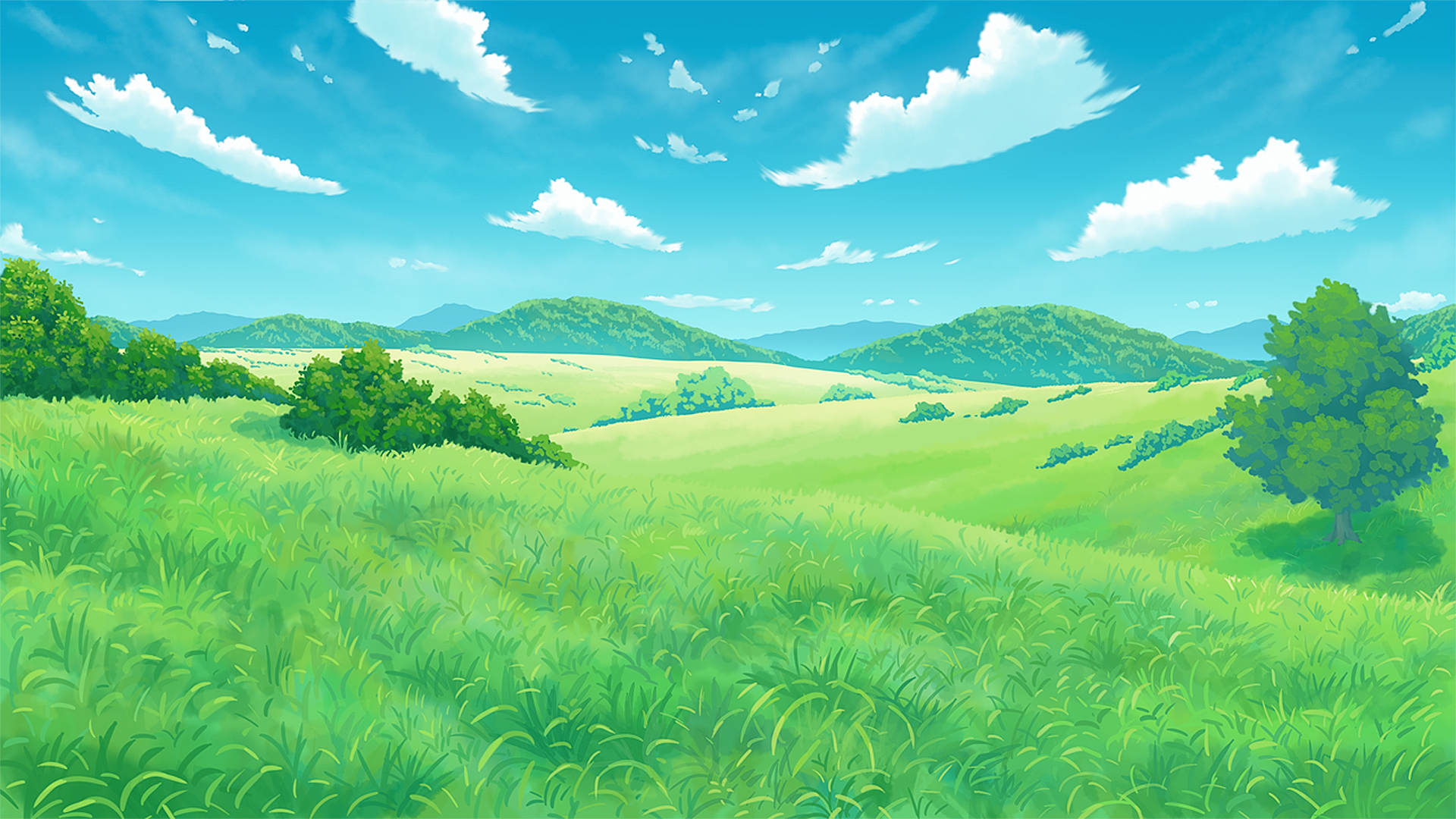 Anime landscape with green hills and blue sky HD Wallpaper