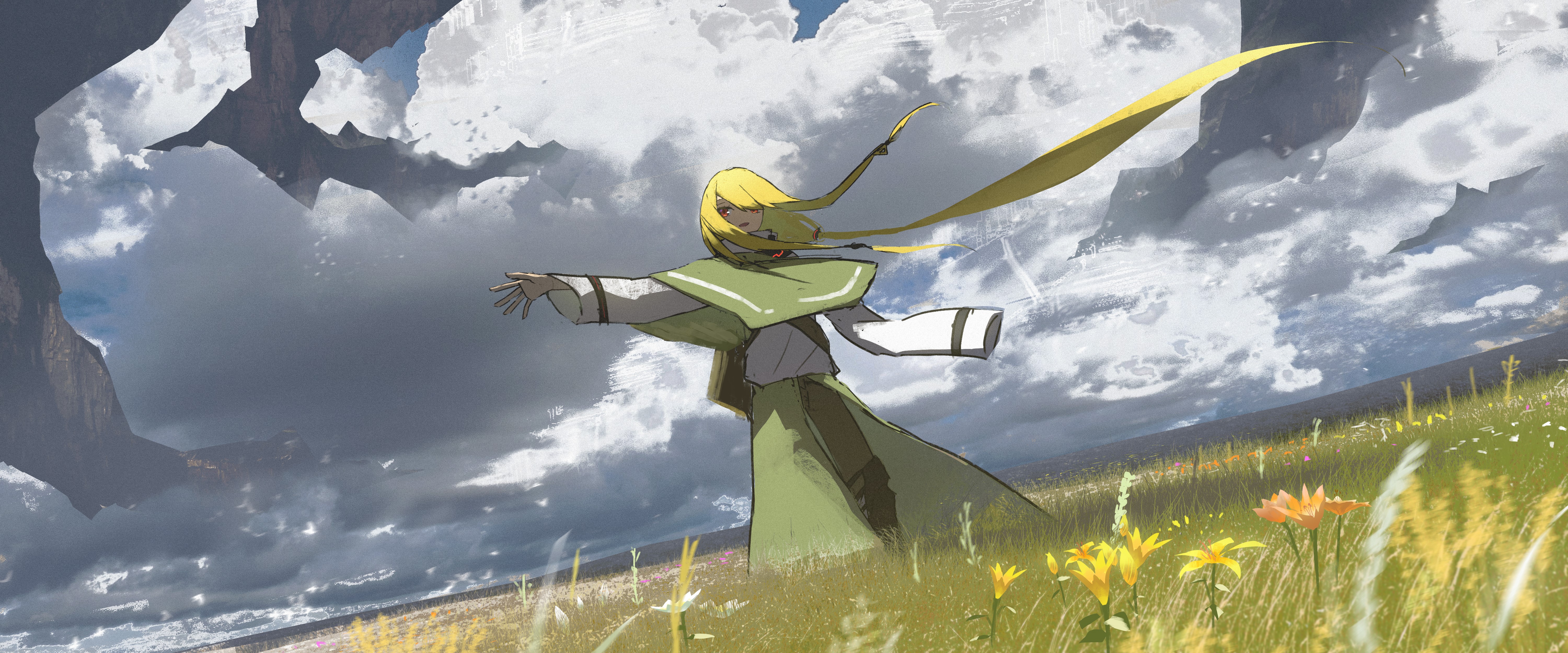Anime girl with blonde hair in a green robe HD Wallpaper