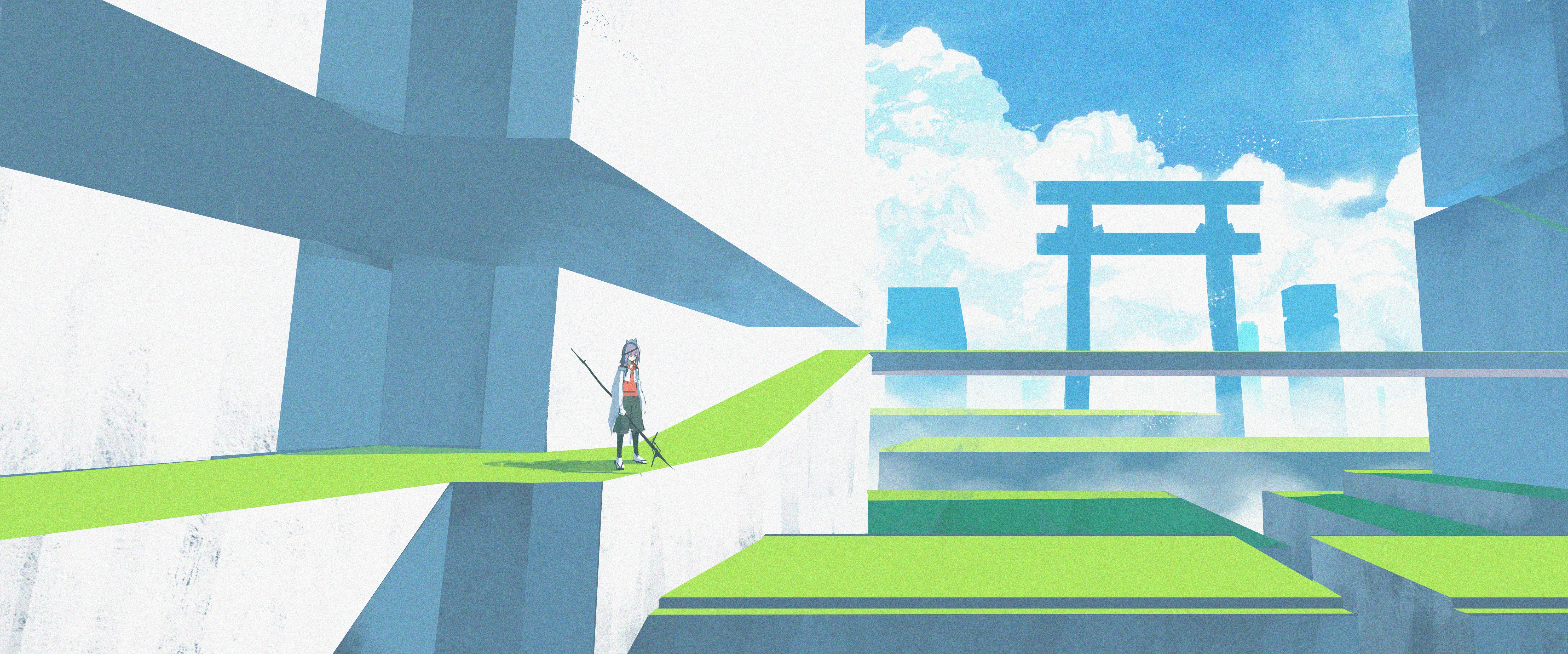 Anime girl with spear in abstract landscape HD Wallpaper