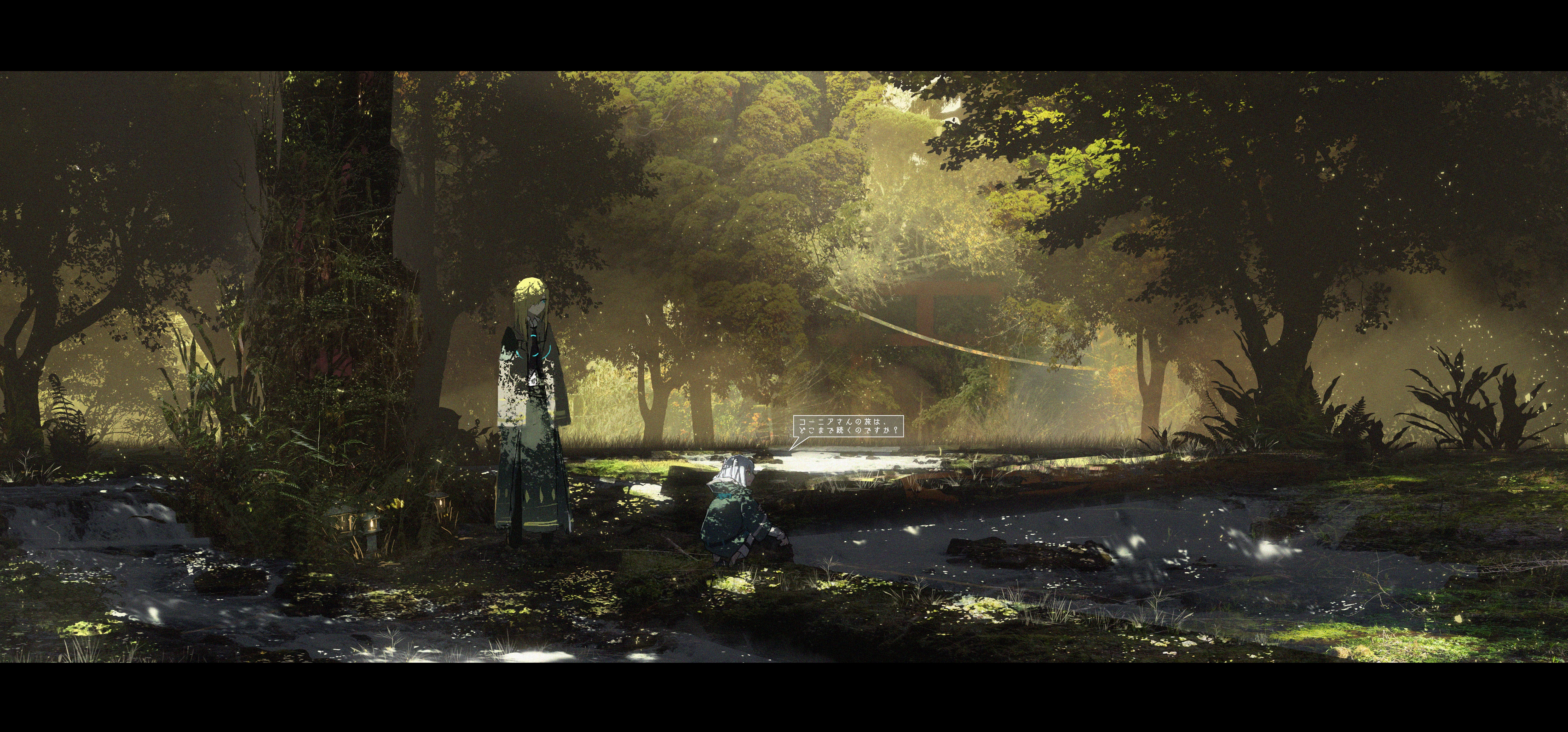 Anime forest scene with two figures HD Wallpaper