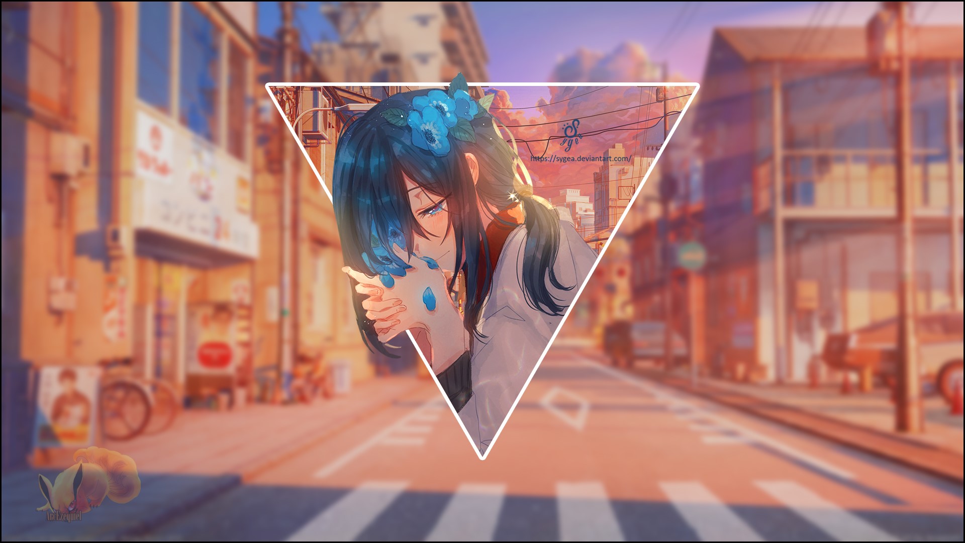 Anime girl with blue hair and blue flowers in a city at sunset HD Wallpaper