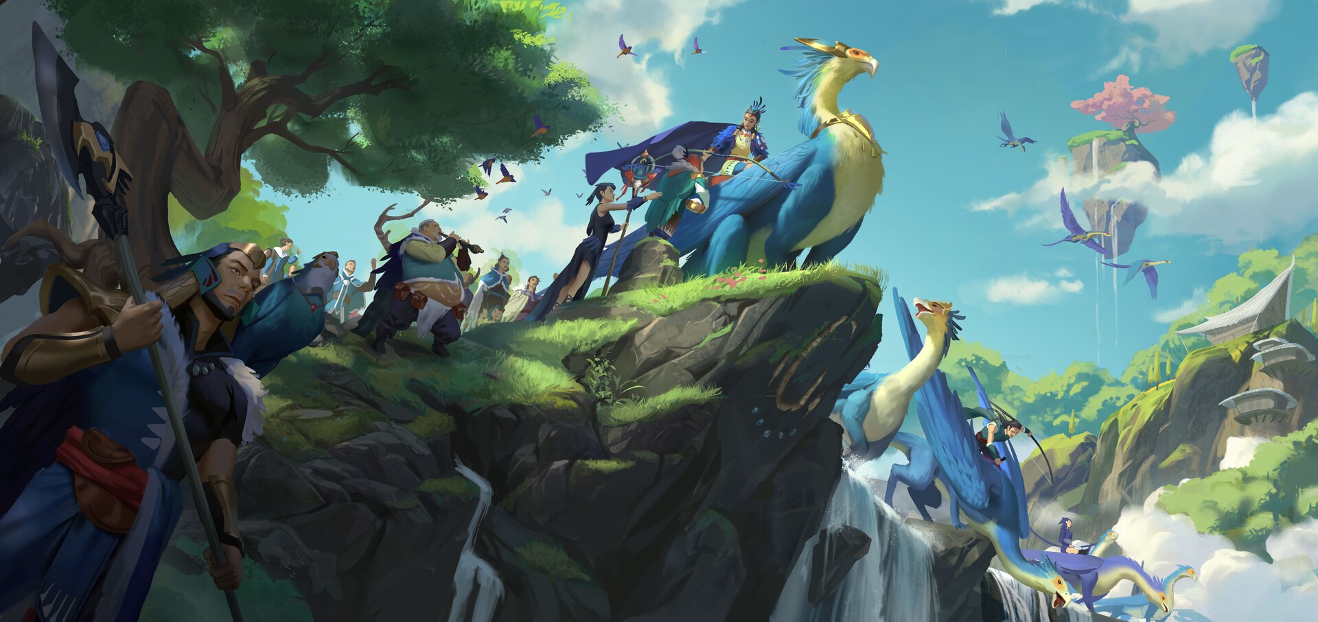 People and dragons on a cliff overlooking a fantasy landscape HD Wallpaper