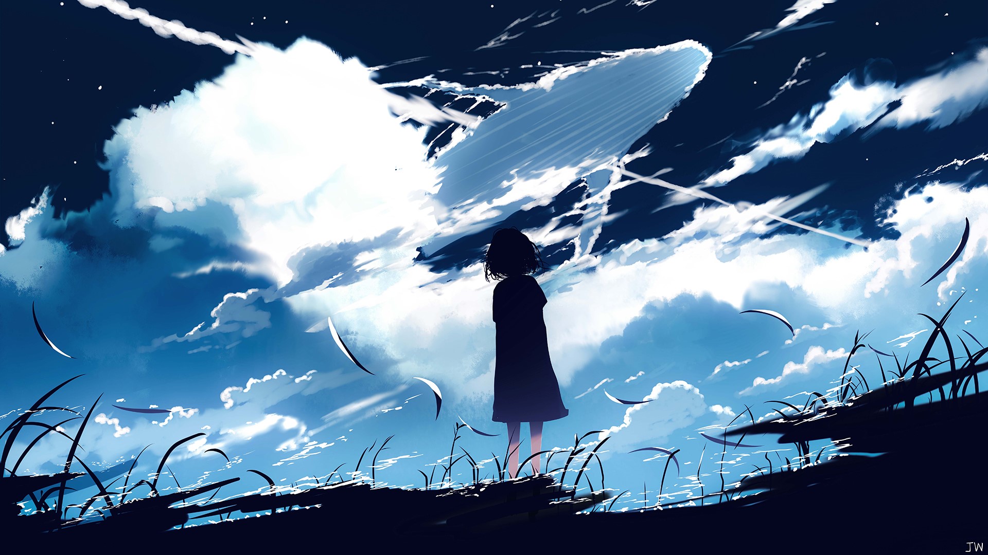 Silhouette of a girl under a sky with clouds and a whale HD Wallpaper