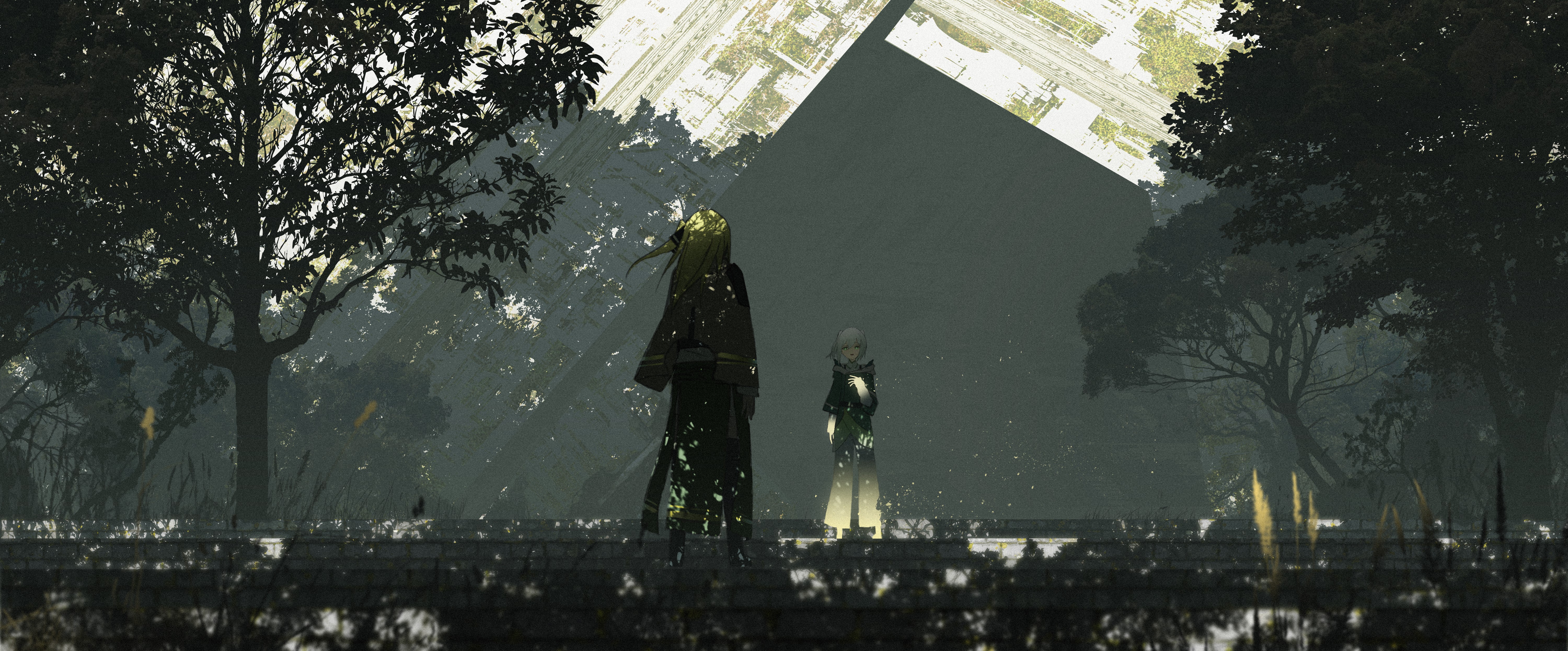 Anime characters in a mysterious overgrown landscape HD Wallpaper
