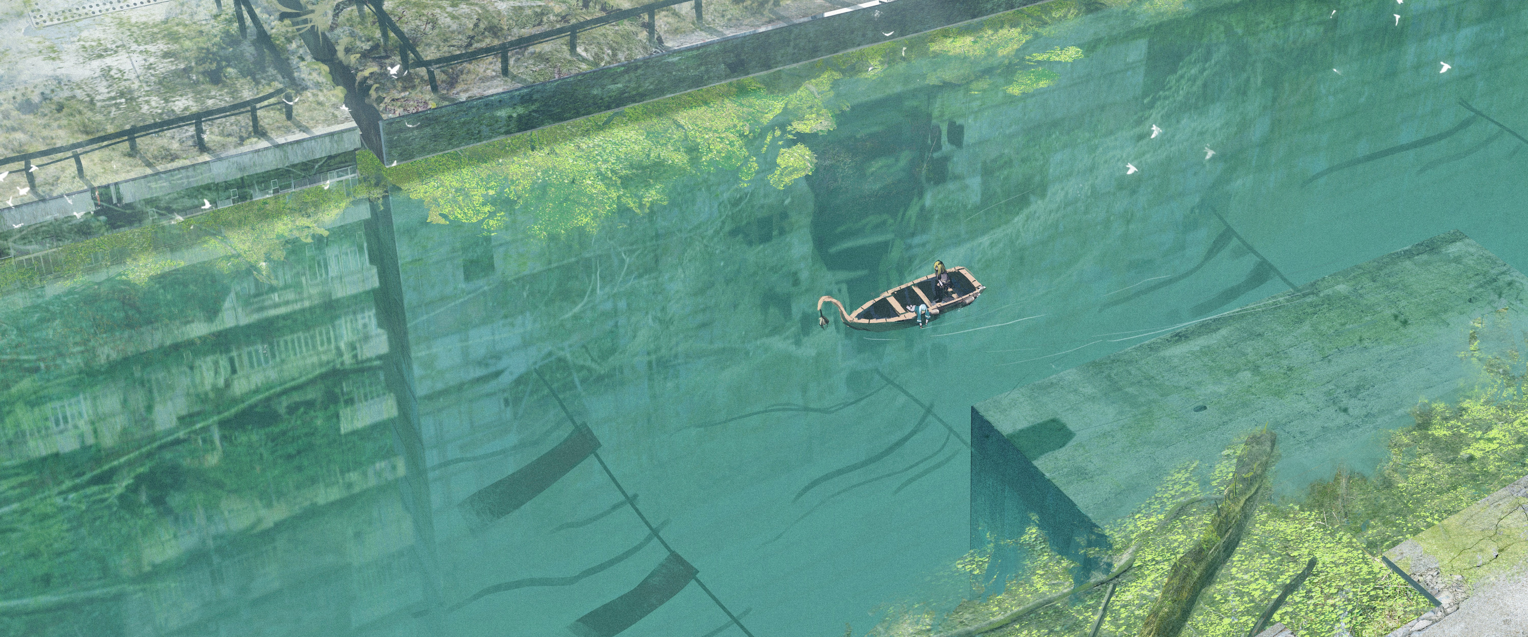 Boat on a river with reflections HD Wallpaper