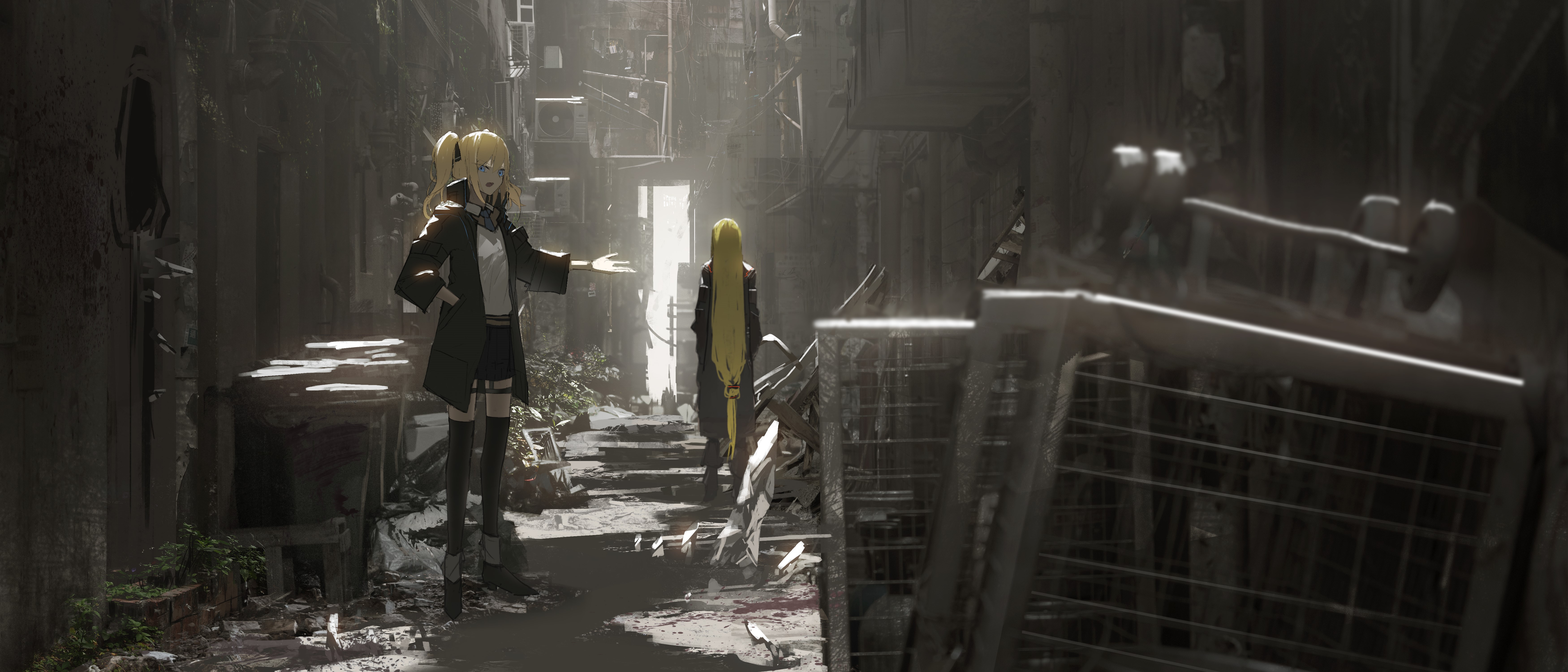 Anime girls in a post-apocalyptic alley HD Wallpaper