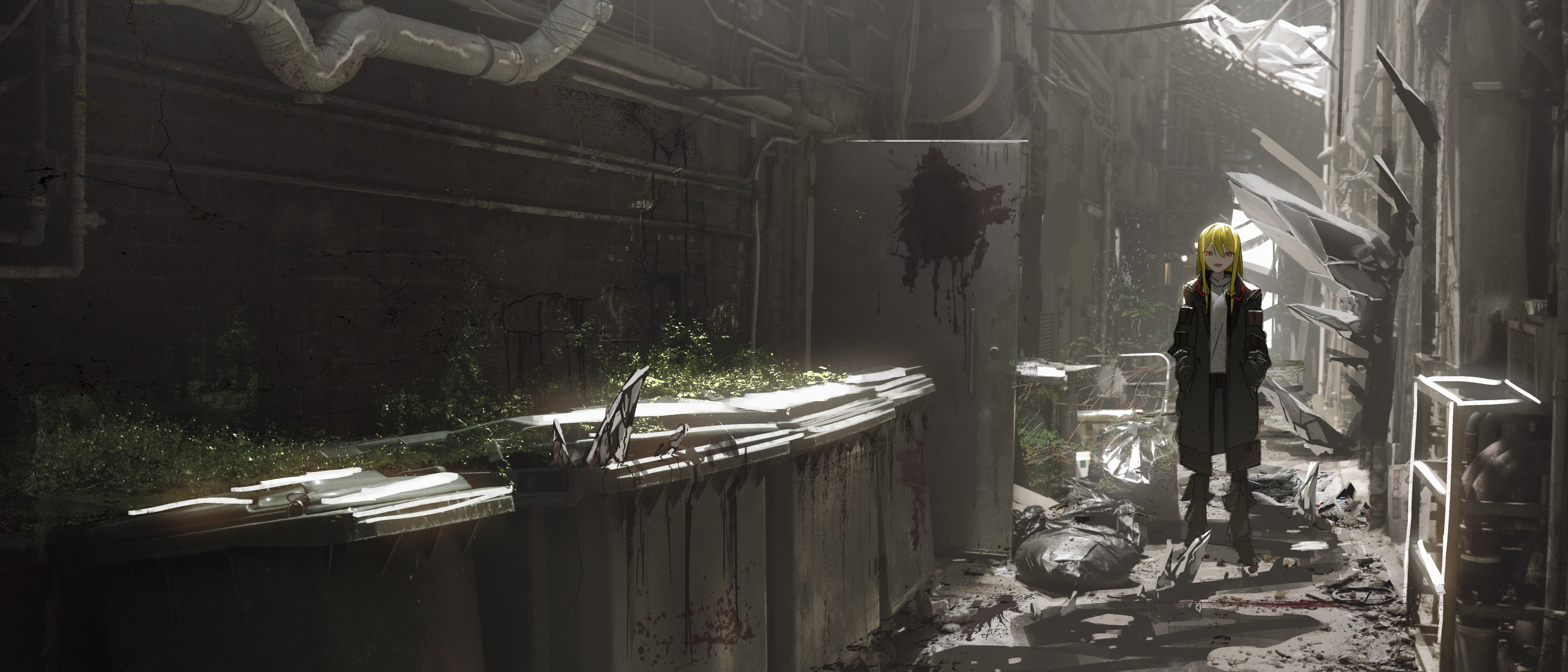 Anime girl with blonde hair in a post-apocalyptic alley HD Wallpaper
