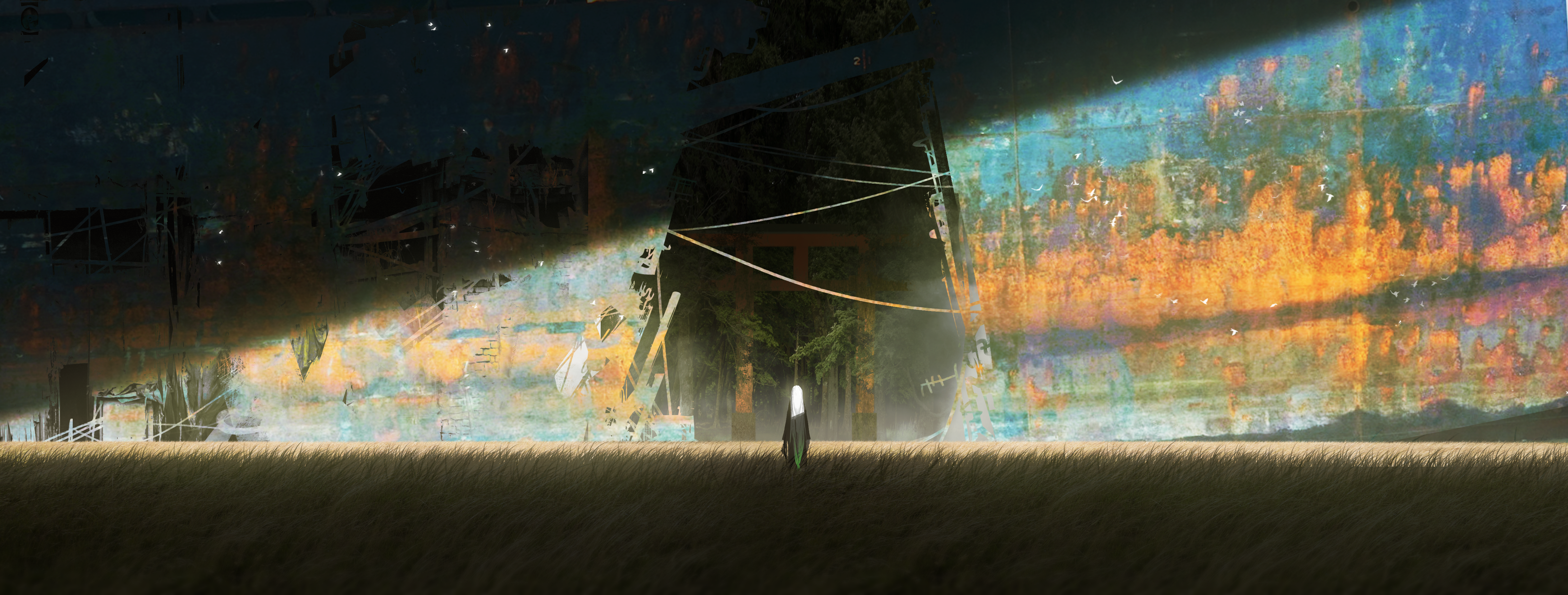 Anime girl in a field before a giant rusted structure HD Wallpaper