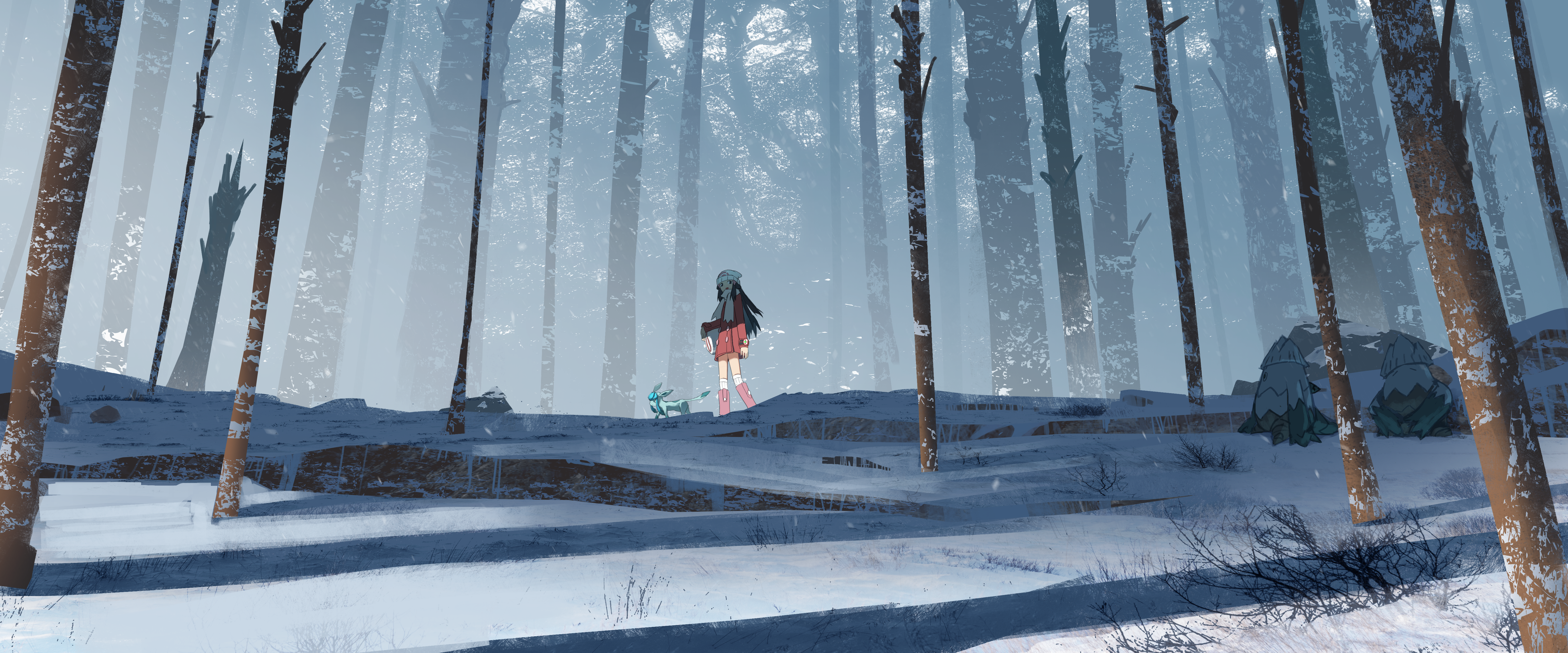 Anime girl and creature in snowy forest HD Wallpaper