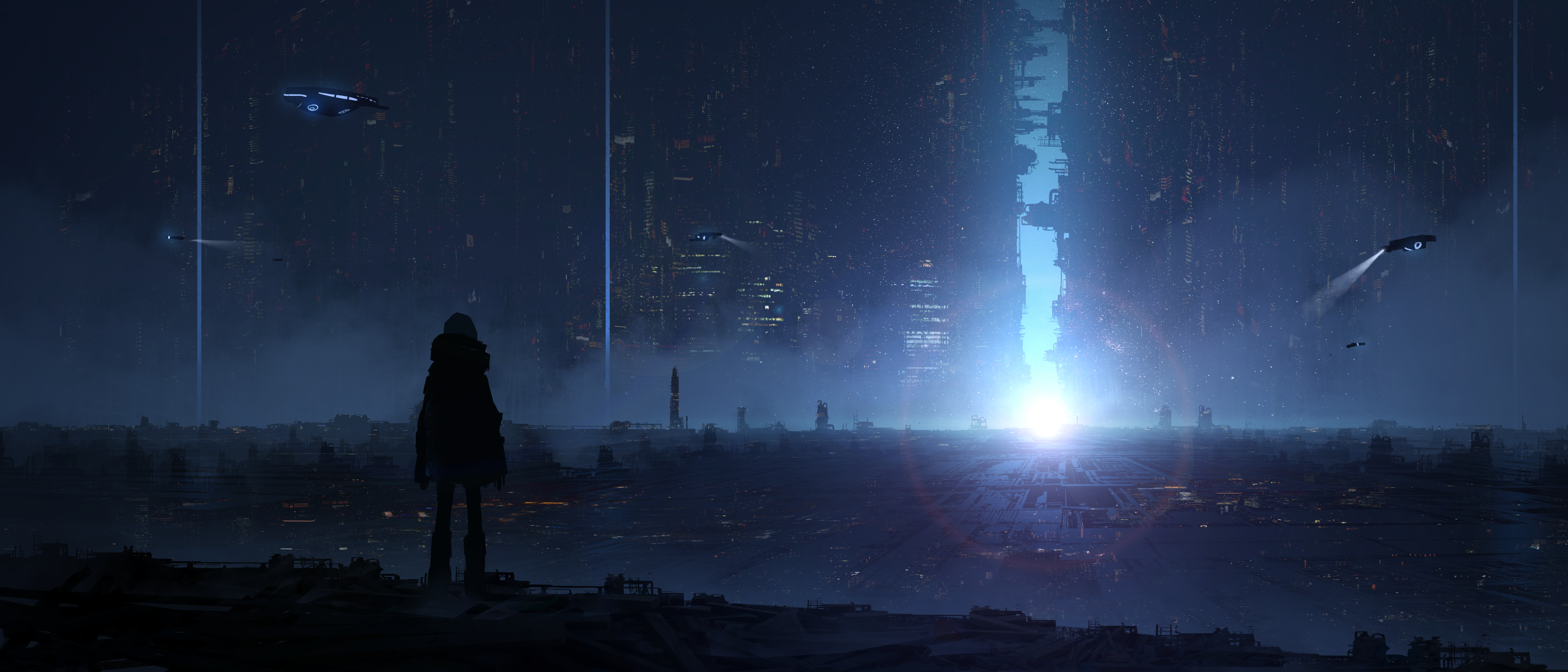 4K Cyberpunk Cityscape with Flying Vehicles HD Wallpaper
